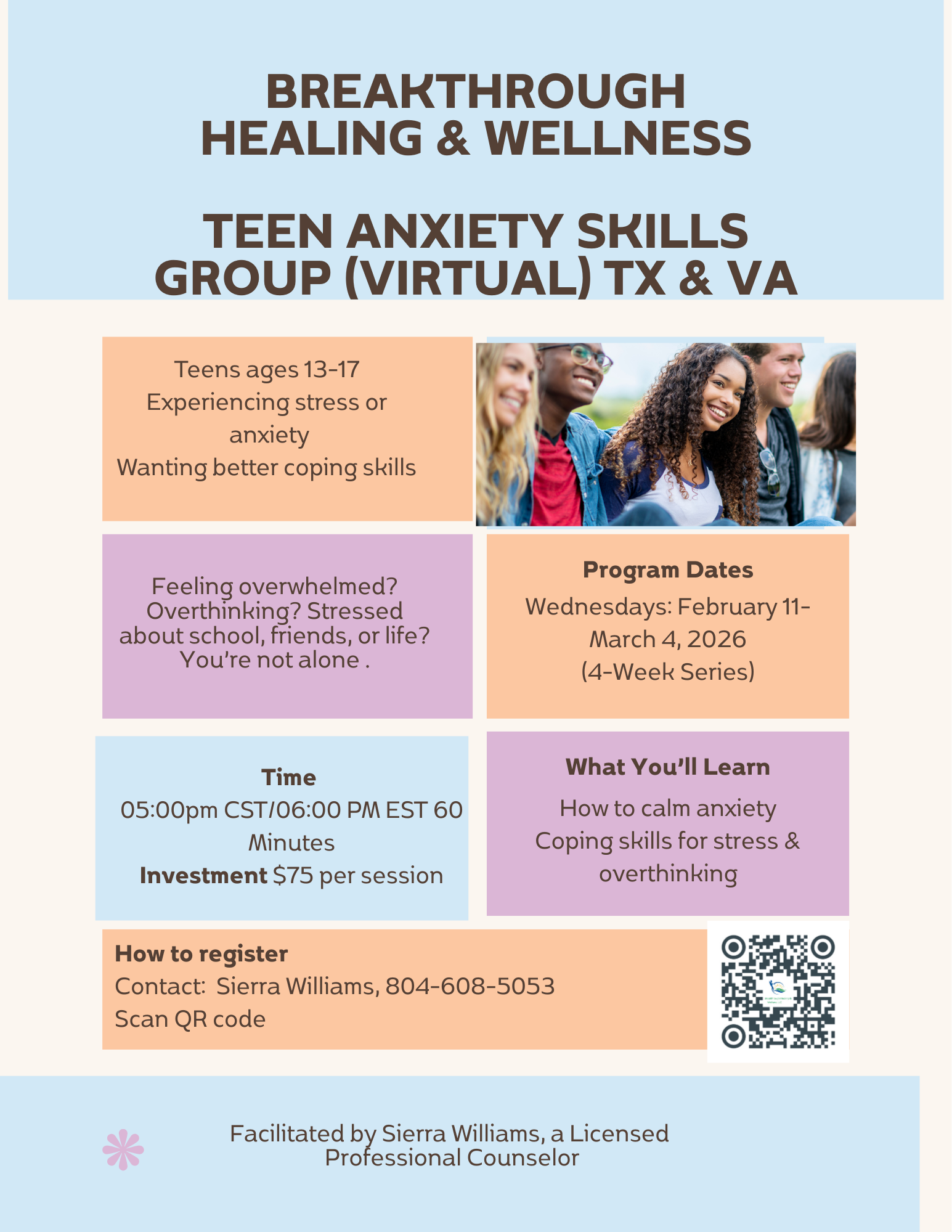 Teen Anxiety Skills Group (Virtual) 4-week session