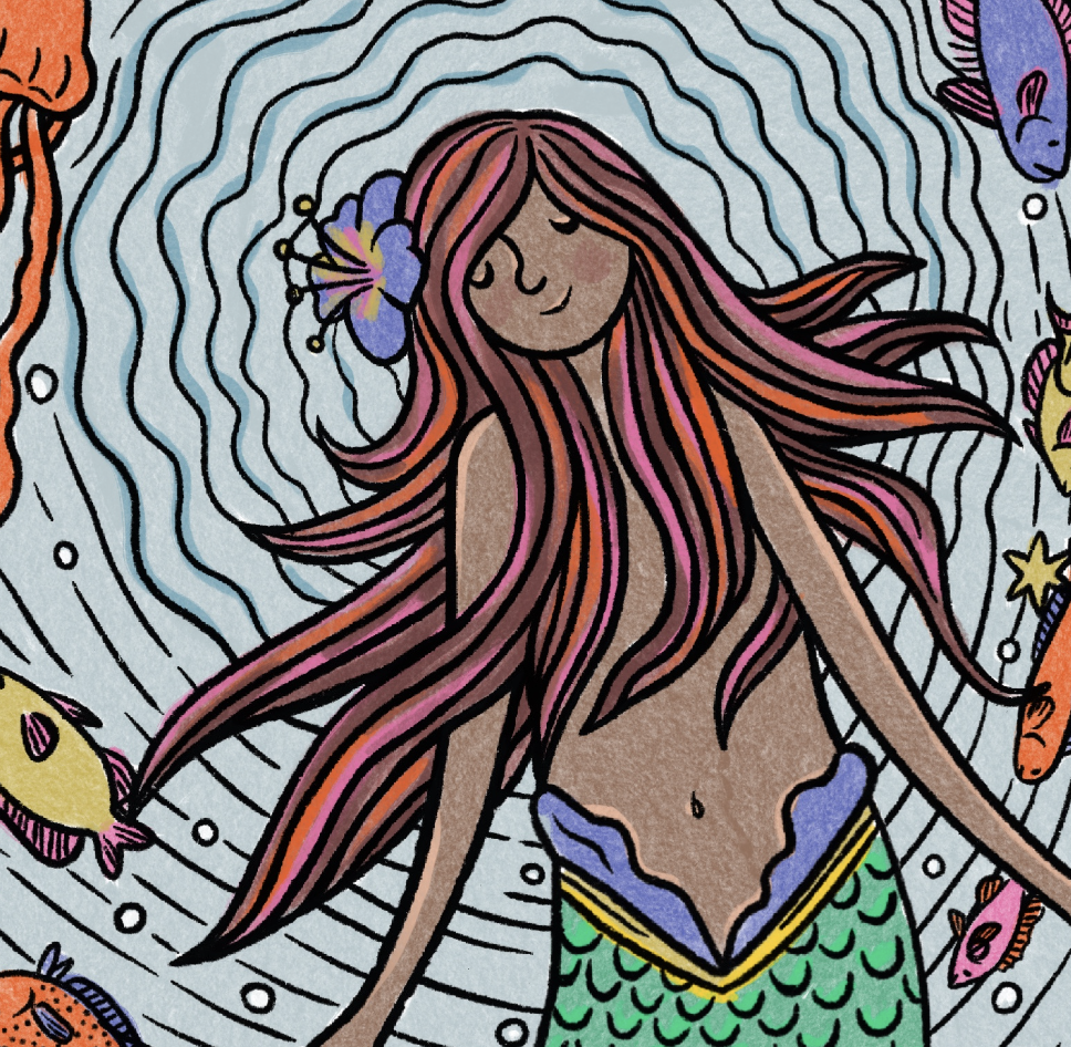 A mermaid with long pink and orange hair, smiling with eyes closed, surrounded by colorful fish in an underwater scene with wavy lines in the background.