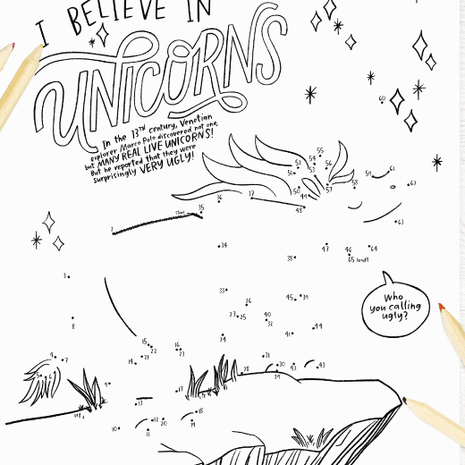 Coloring page with the phrase "I believe in unicorns." Illustration of a flying unicorn with stars and sparkles around it, and a hill with grass and rocks underneath. Speech bubble asking, "Who you calling ugly?"