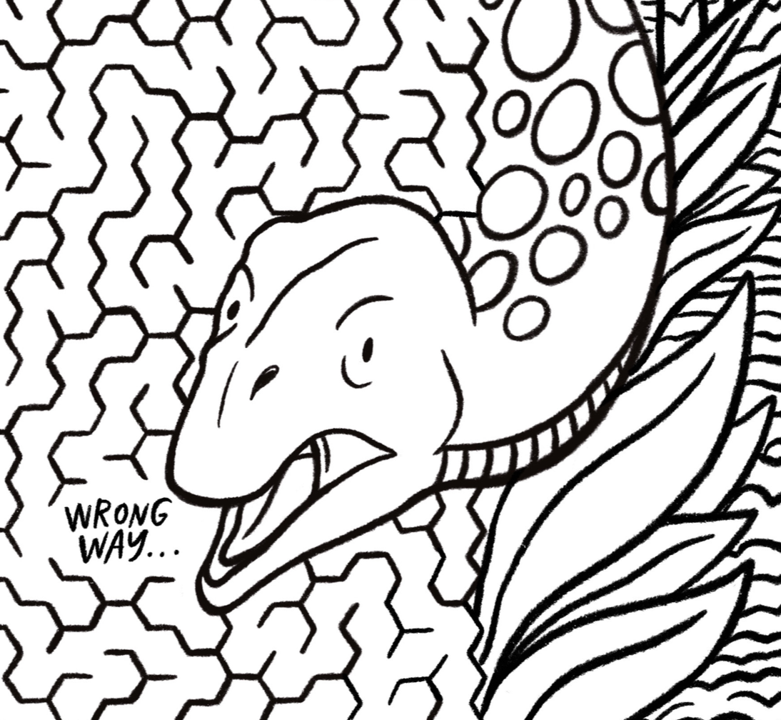 Line drawing of a fish with a surprised expression, surrounded by abstract patterns including hexagons, circles, and wavy lines, with the words "WRONG WAY..." written nearby.