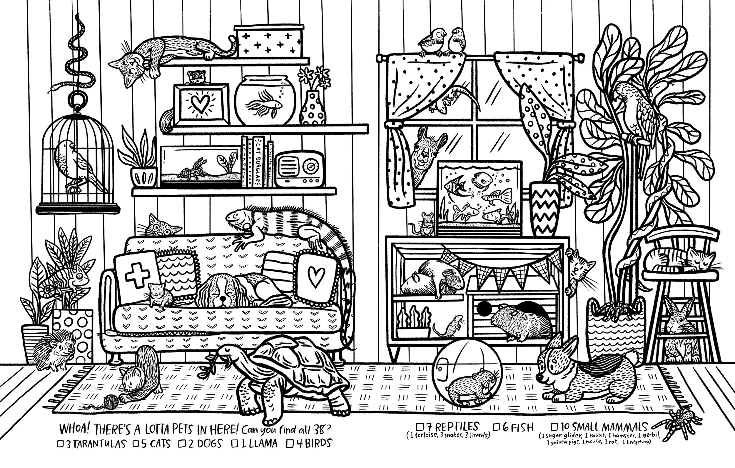 A black and white drawing of a room filled with various pets including cats, dogs, birds, reptiles, fish, and small mammals, with a caption asking to find all 38 pets in the scene.