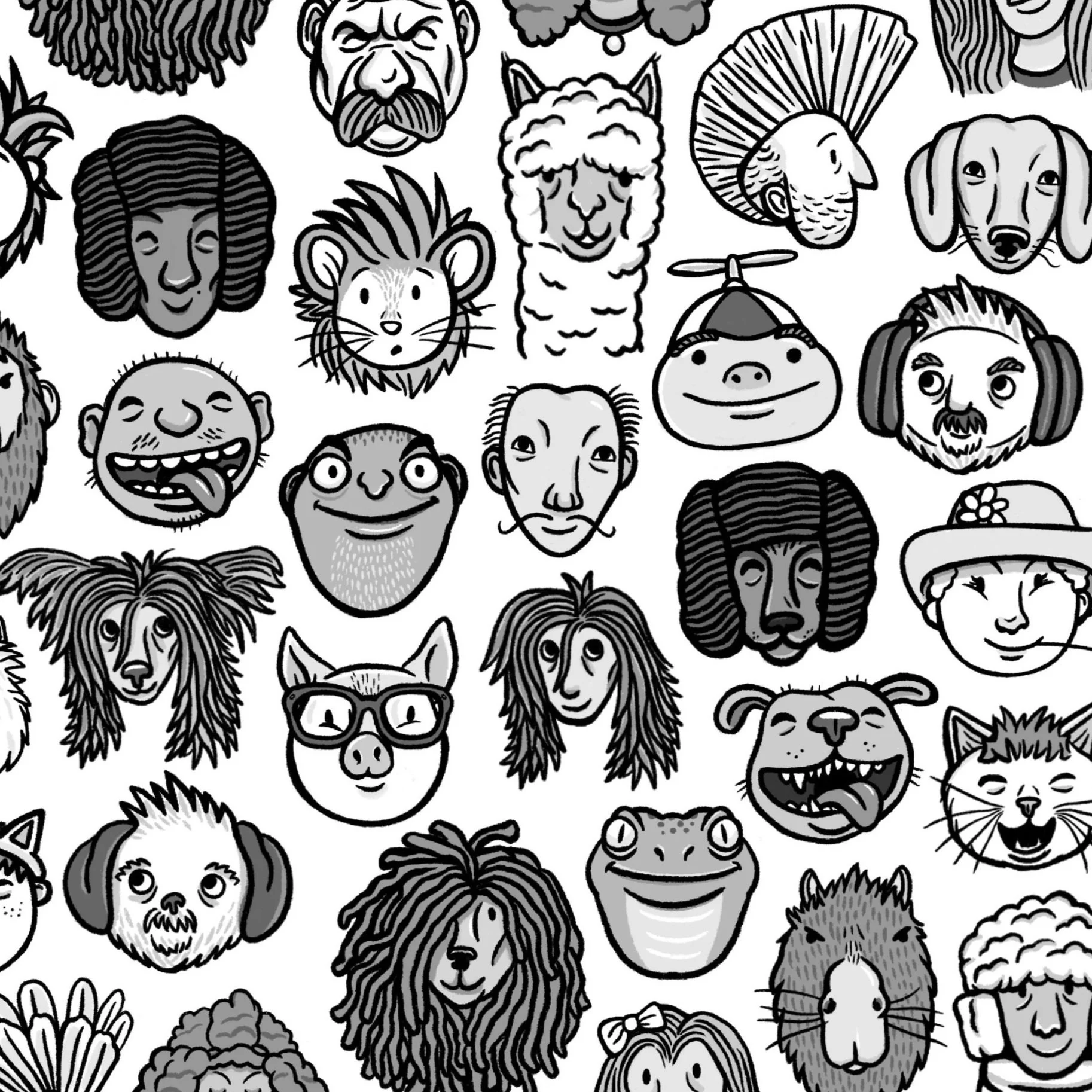 Black and white drawing of various cartoon animal and human faces with diverse expressions and features.