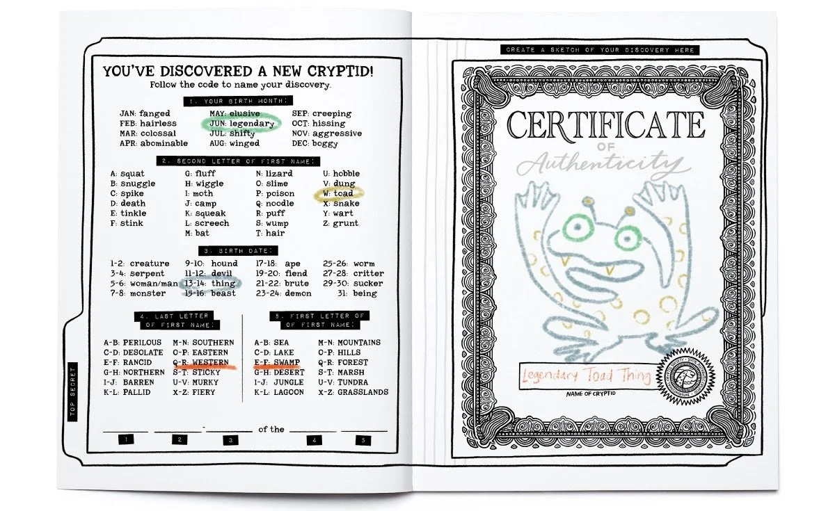 A two-page black and white cryptid discovery certificate featuring sections for details like birth month, second letter of first name, birth date, last letter of first name, first letter of first name, and a code. The right page has a decorative border, a sketch of a frog-like creature labeled "Legendary Toad Thing," and the phrase "Create a Sketch of Your Discovery Here."