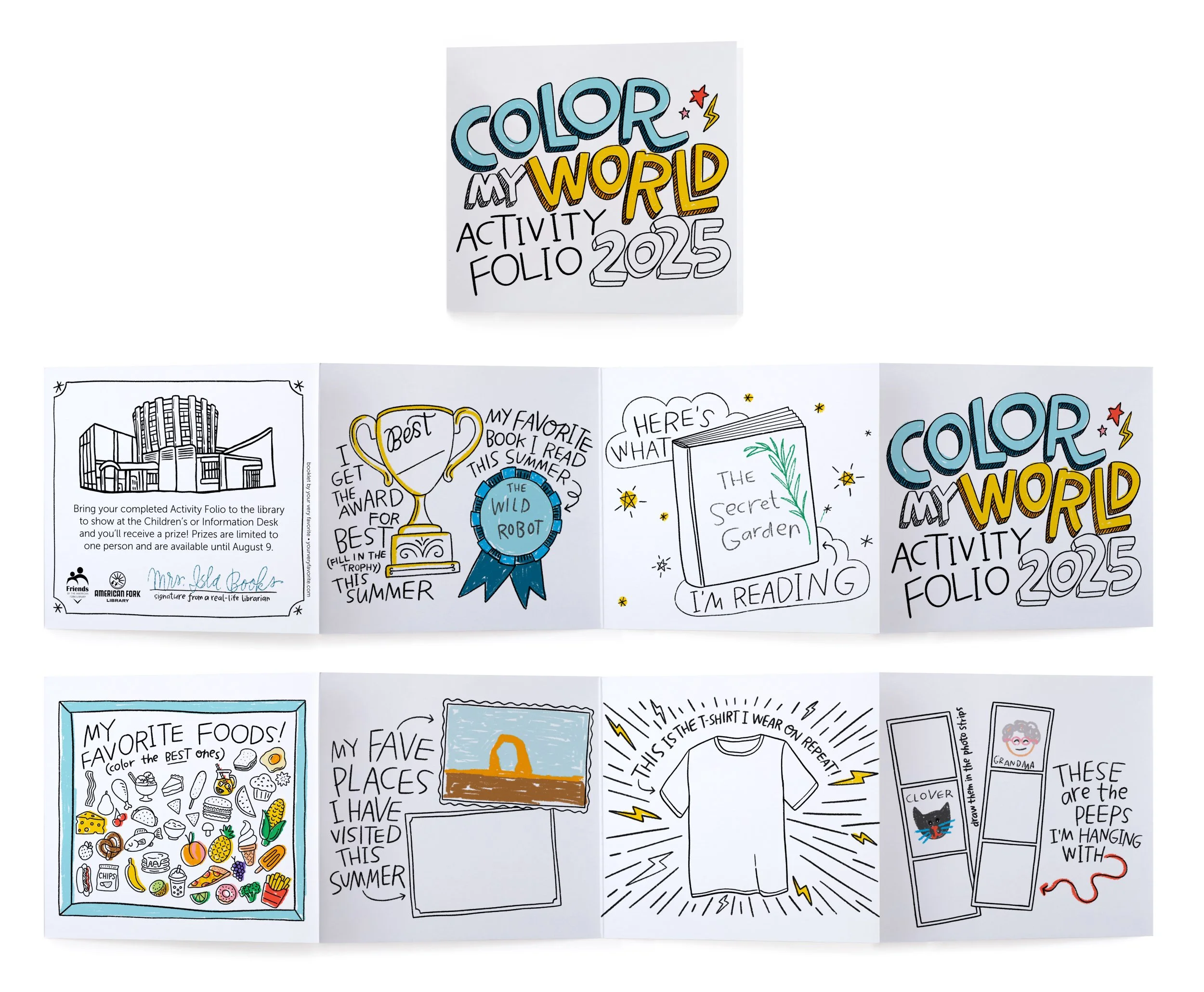 Fold-out ‘Color My World Activity Folio 2025’ booklet with illustrated prompts for kids, including favorite book, places visited, foods, T-shirt design, and friends, shown in black-and-white line art with some colored examples.