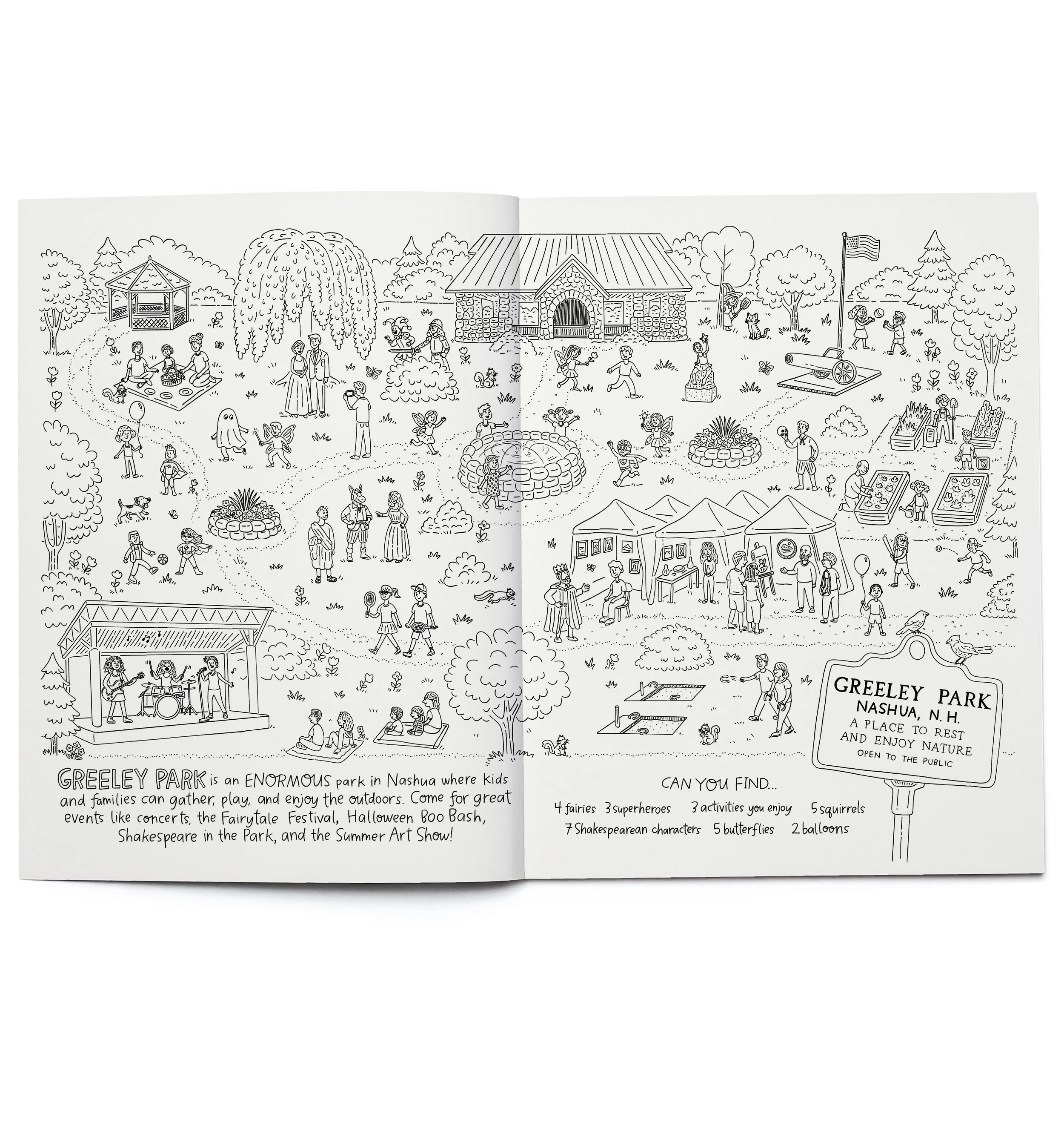 Inside pages of the Nashua activity book featuring the police department and a summer events coloring activity.
