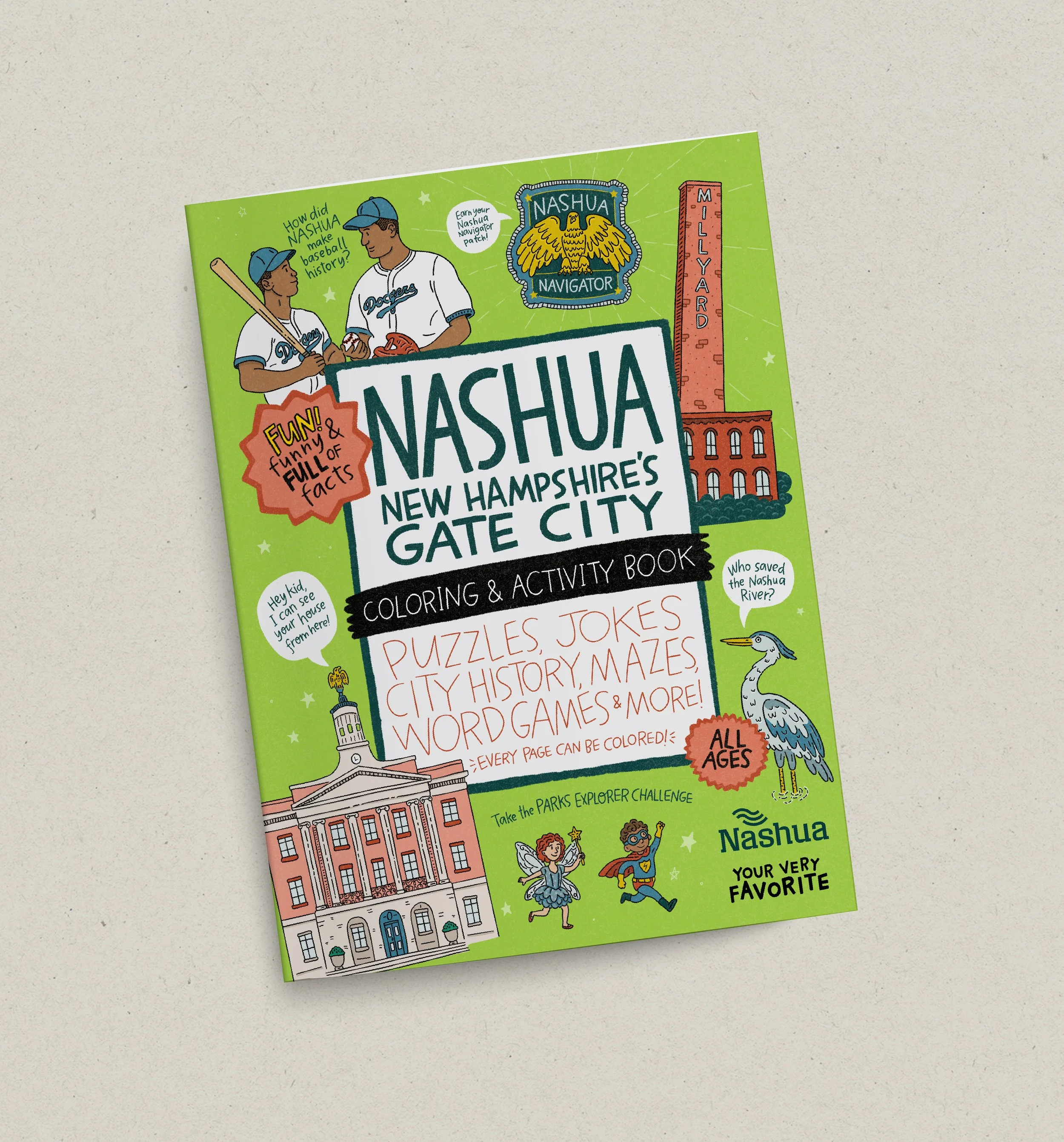 Custom Nashua coloring and activity book featuring local landmarks, city history, puzzles, and activities.