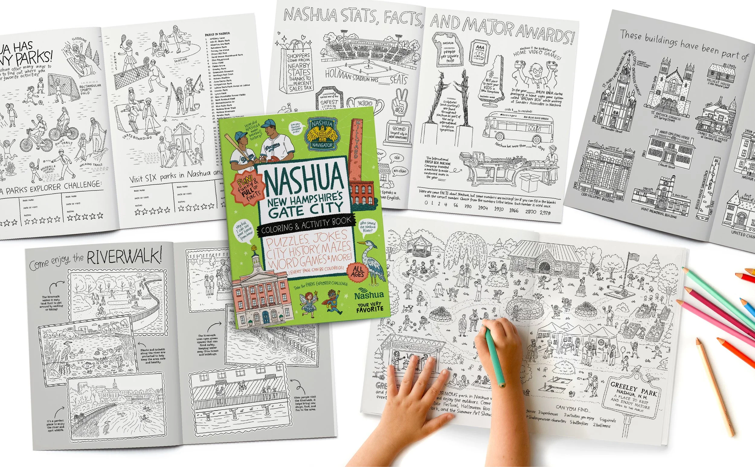 Custom Nashua coloring and activity book featuring parks, local landmarks, city history, facts, puzzles, and hands-on activities.