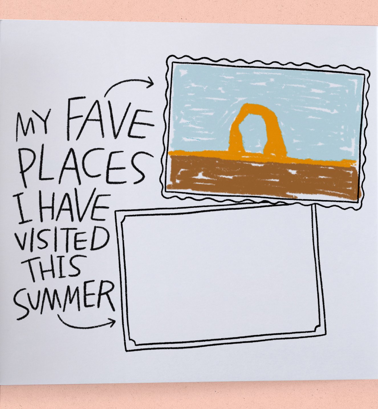 Booklet showing drawing prompt: My fave places I have visited this summer.