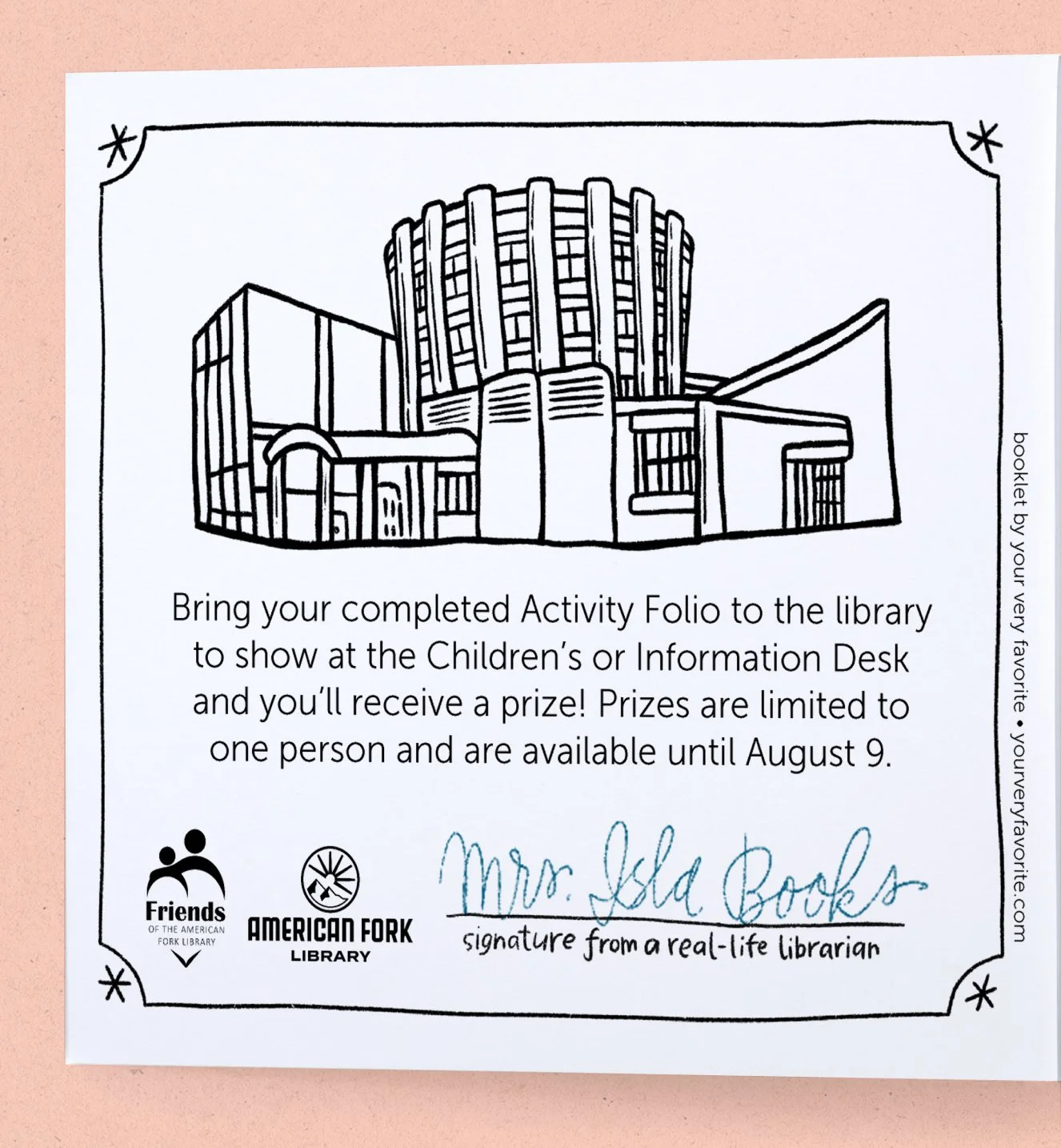 Booklet showing end page, Bring your completed Activity Folio to the library to show at the Children's or Information Desk and you'll receive a prize!