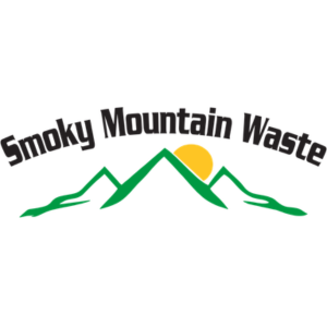 Logo of Smoky Mountain Waste with green mountains, a yellow sun, and black text.