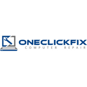 Logo for One Click Fix Computer Repair, featuring a computer monitor with a wrench and screwdriver.