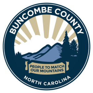 Buncombe County, North Carolina logo featuring a mountain landscape and a sunburst, with the slogan 'People to Match Our Mountains'.
