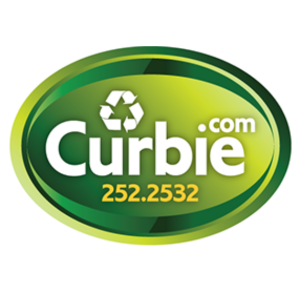 A green oval logo for Curbie with a recycling symbol and the website 'curbie.com' and the phone number '252.2532'.