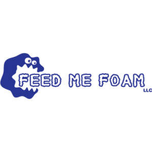 A blue cartoon monster with a big open mouth and eyes, next to the text "FEED ME FOAM" in blue letters.