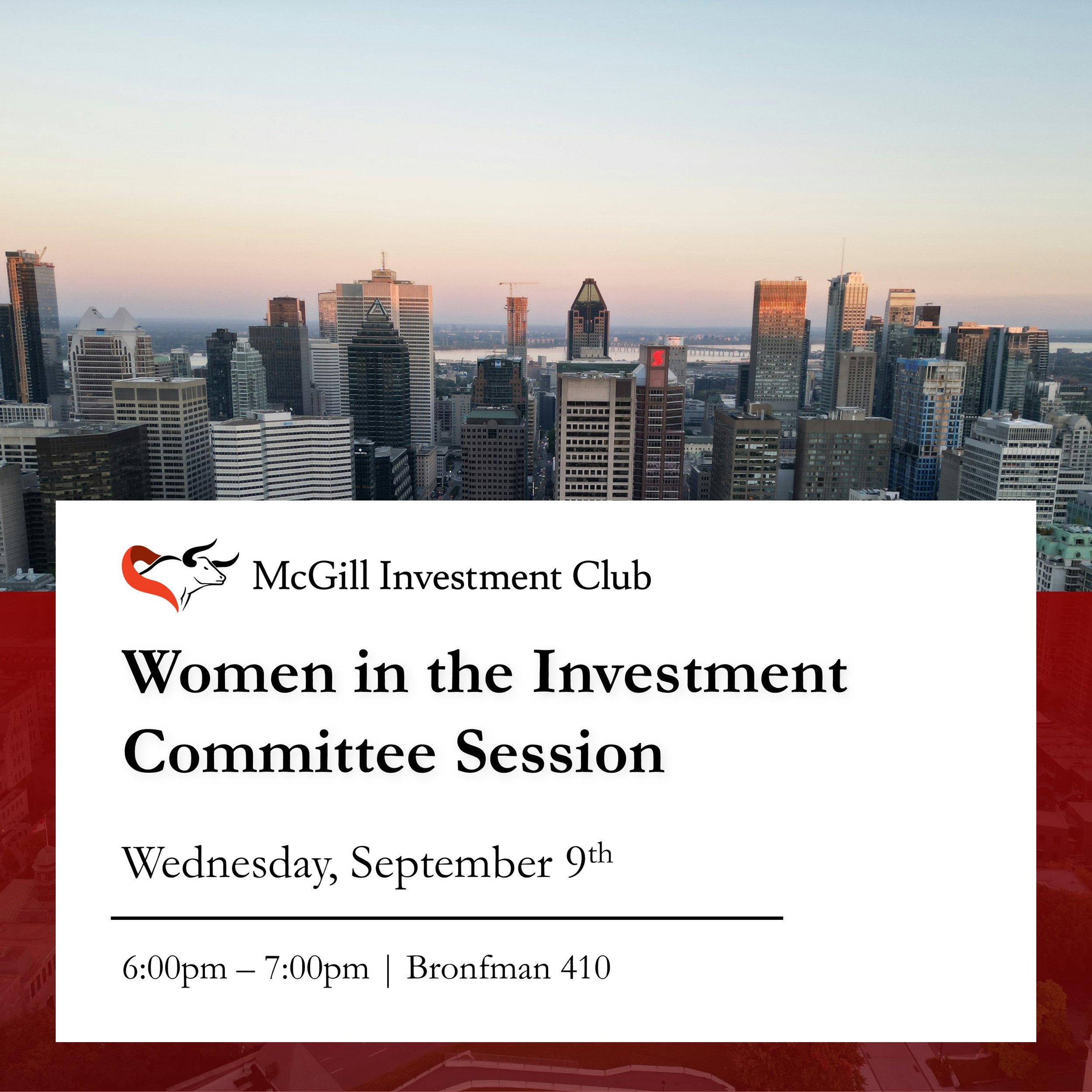 Please join us in BRONF 410 this Wednesday, September 9th at 6:00pm for the MIC&rsquo;s Women in the Investment Committee Information Session. The session will allow students to hear testimonials from current female Analysts and Executives on their e