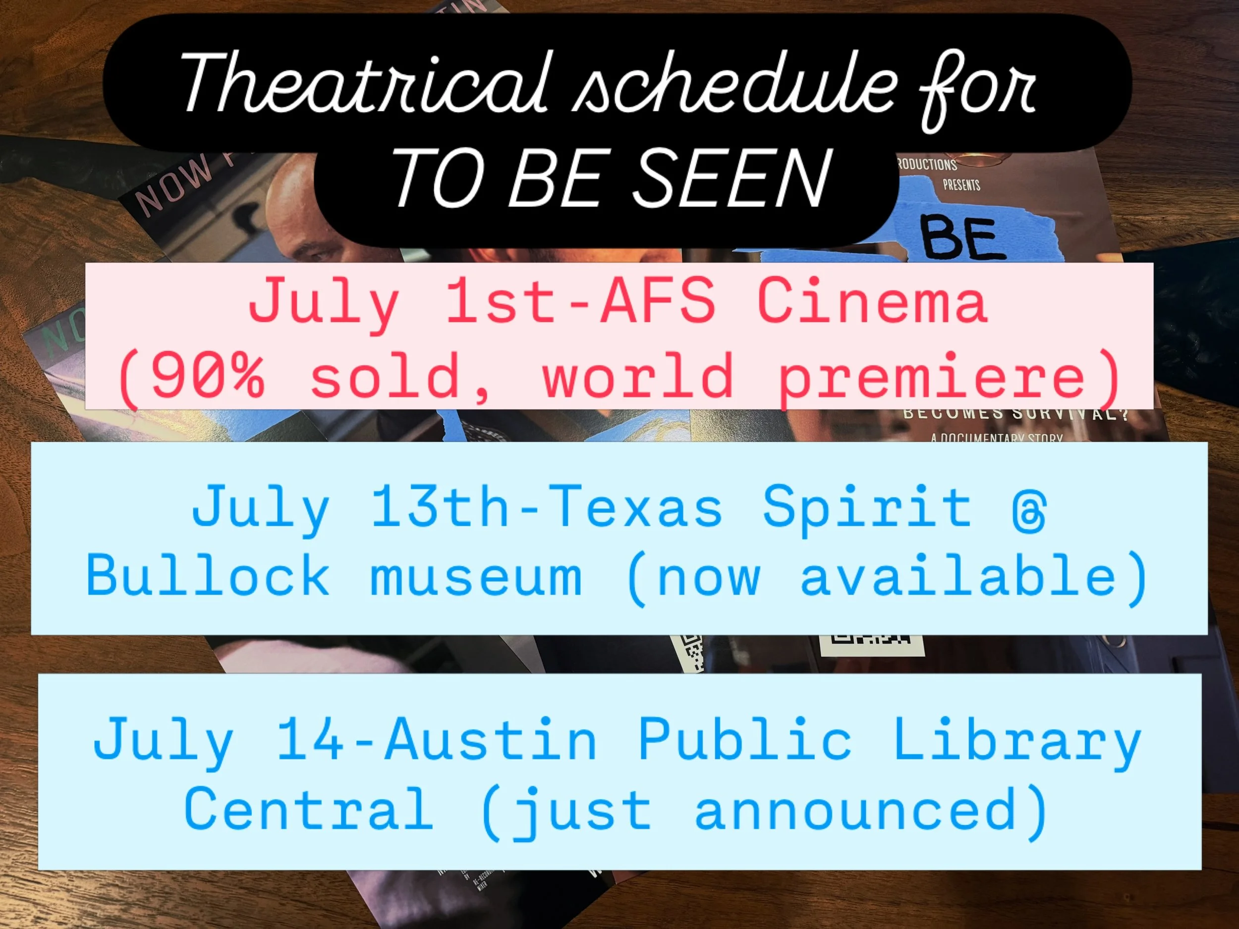 TO BE SEEN&rsquo;s July dates are stacking up&mdash;get your tickets now to catch it in theaters! 

The world premiere on July 1st is nearly sold out, so get your tickets now if you were thinking about it already!
We&rsquo;ve added a play at the Bull