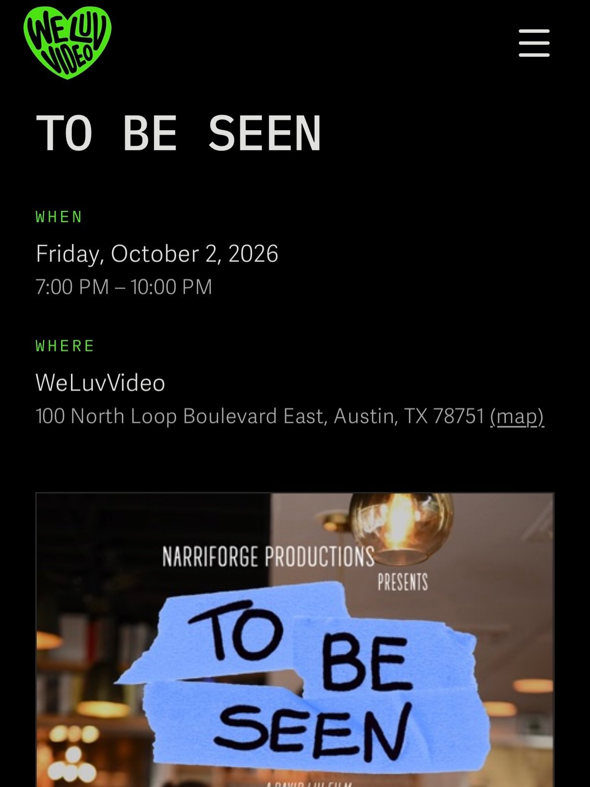 TO BE SEEN returns to the screen at @weluvvideo on October 2nd! 

Don&rsquo;t miss your chance to see the film at this unique location.  Limited seating is available, so book your tickets soon at @weluvvideo &lsquo;s website!

The director David Liu 