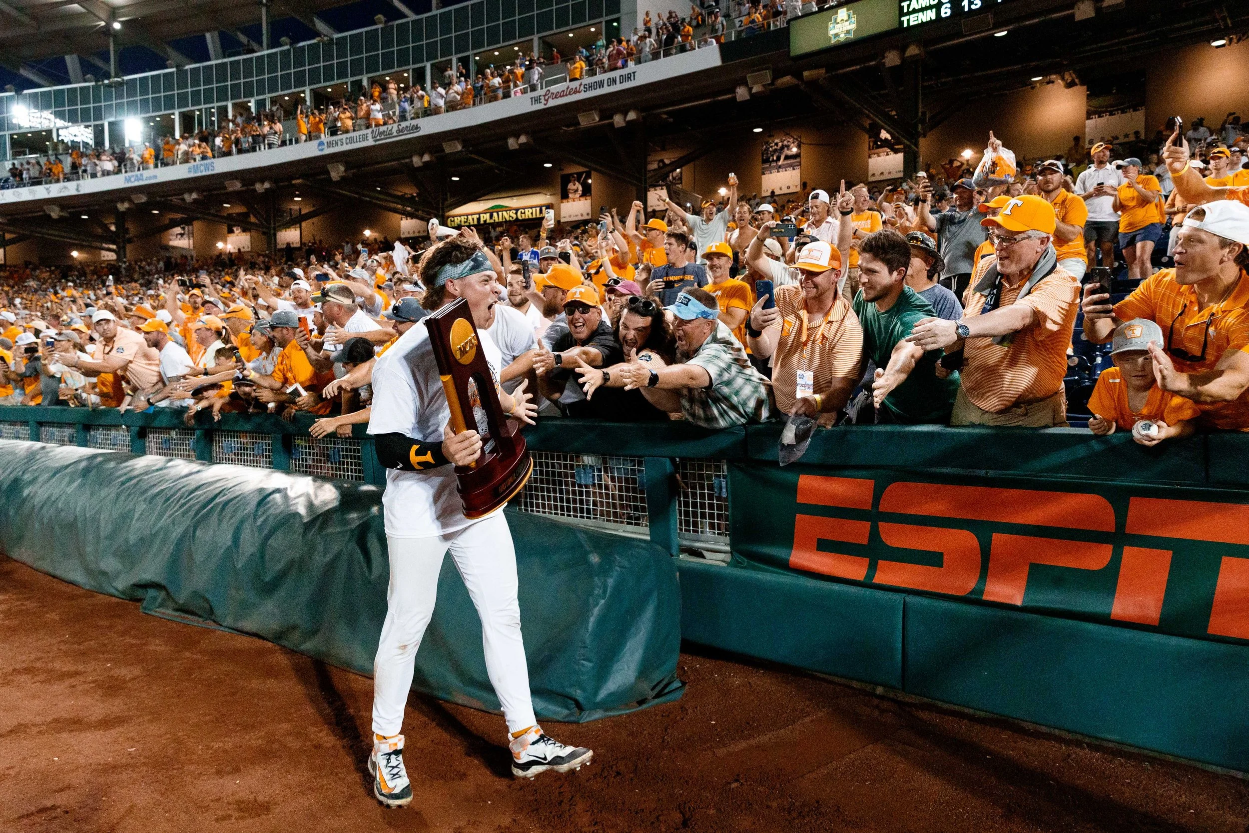OMAHA, NE. - June 24, 2024 - Infielder Billy Amick #11 of the Tennessee Volunteers after the 2024 Baseball College World Series Championship game three between the Texas A&M Aggies and the Tennessee Volunteers at Charles Schwab Field in Omaha, NE. Ph
