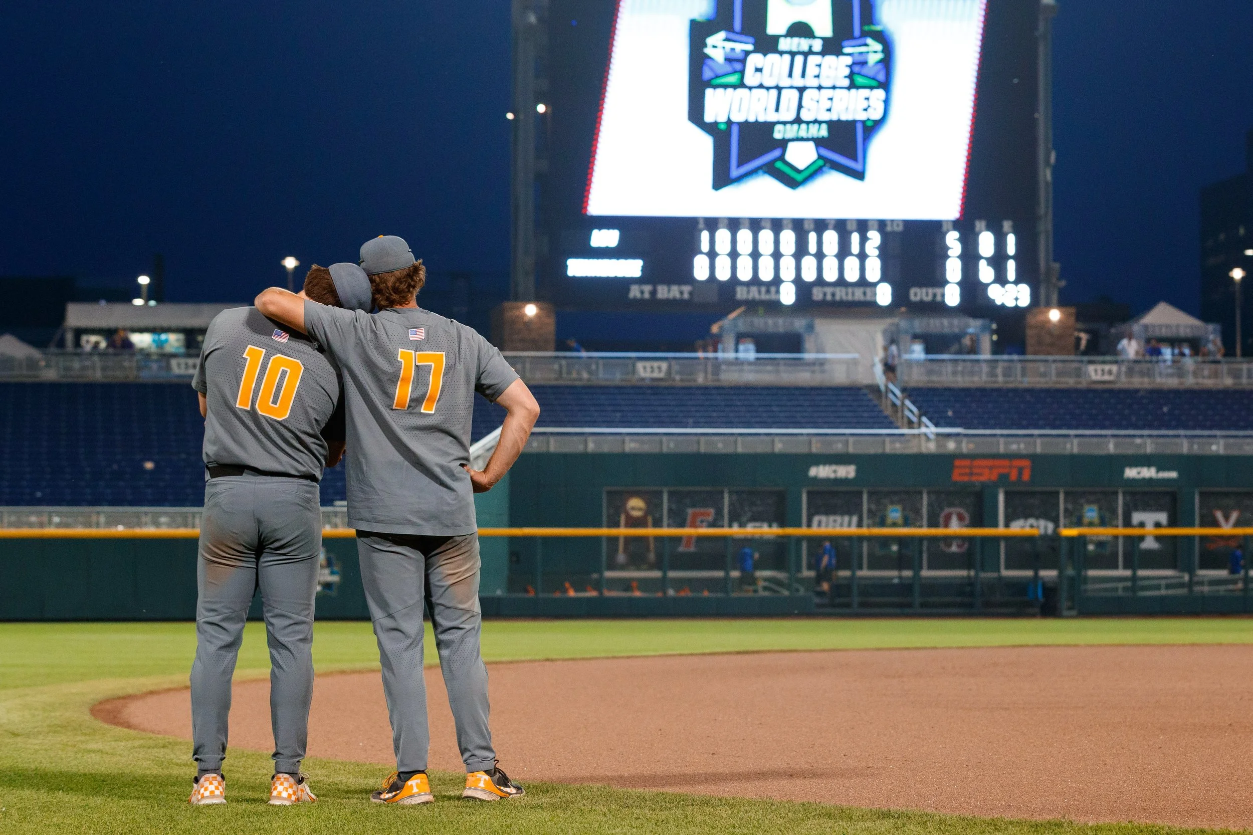 OMAHA, NE - June 20, 2023 - Outfielder Griffin Merritt #10 and Outfielder/Catcher Jared Dickey #17 of the Tennessee Volunteers after the 2023 College World Series game between the LSU Tigers and the Tennessee Volunteers at Alex Box Stadium in Omaha, 