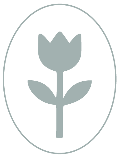 Gray silhouette of a flower with three petals inside an oval outline on a black background.