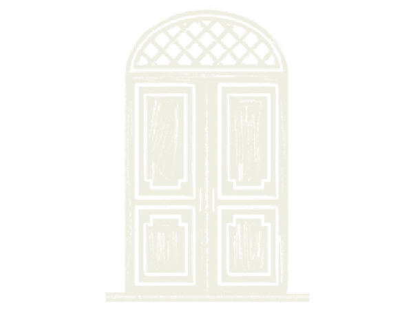 Silhouette of a double door with an arched top and lattice design on the upper part.
