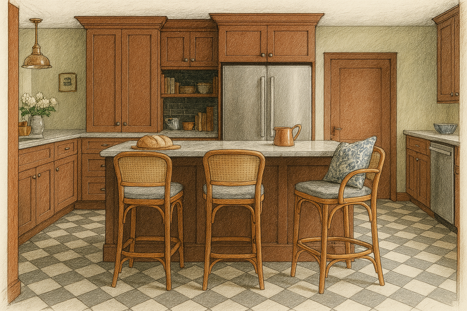 A cozy kitchen with wooden cabinets, a white marble island, and a checkered floor. There are three chairs at the island, one with a decorative cushion. The counter has a loaf of bread, a pitcher, and a bowl. The kitchen features a refrigerator, open shelves with books and bowls, a corner sink, and a hanging light fixture.