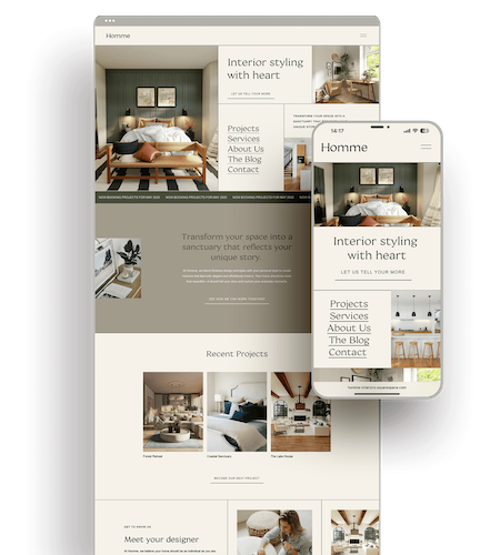 Responsive website and mobile app display interior design project with bedroom and living room images, featuring neutral tones and modern decor.