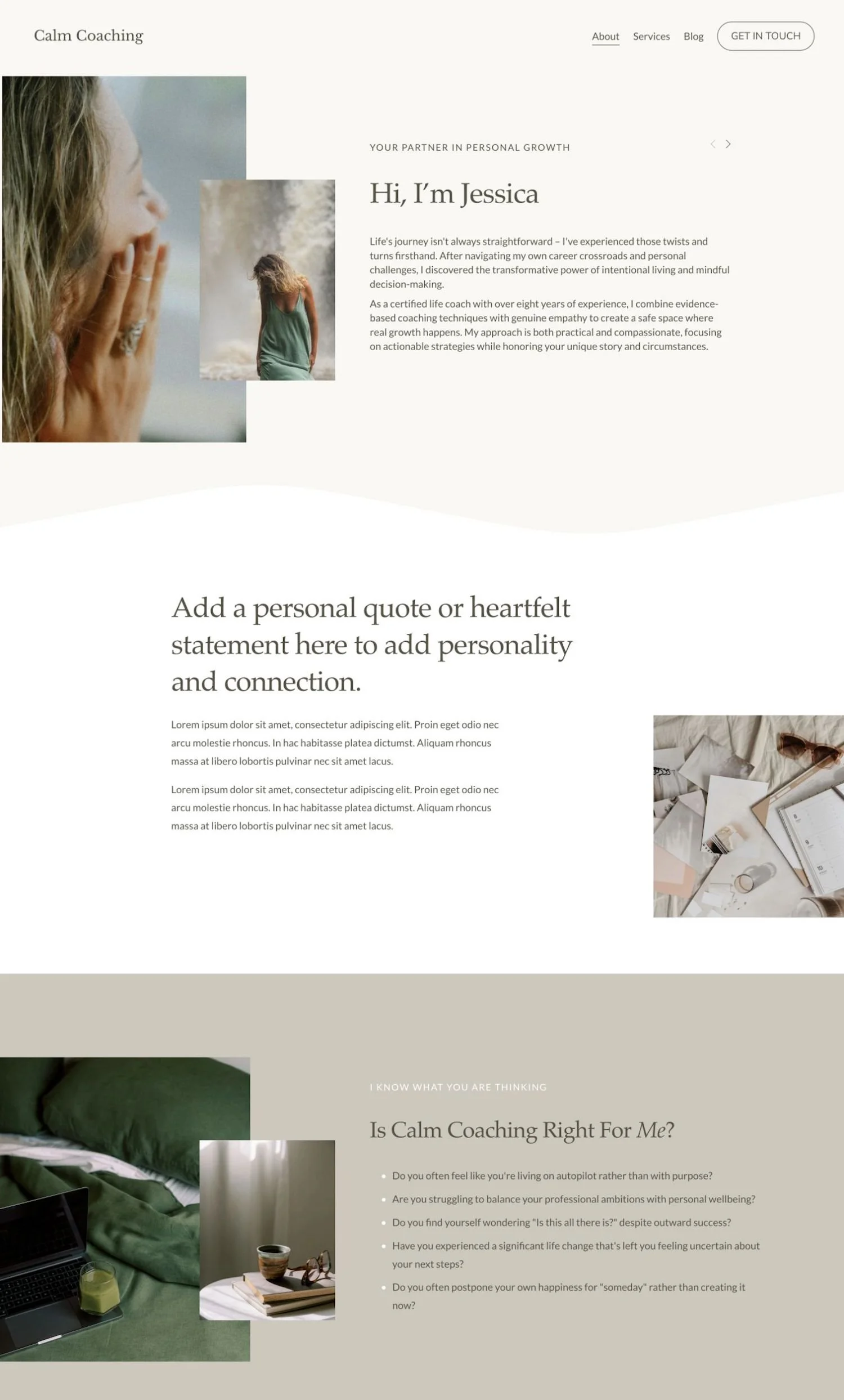 A screenshot of a Calm Coaching website homepage featuring a woman with closed eyes and hands near her face, a smaller image of a woman with curly hair, text introduction of Jessica, and various sections about coaching services, client testimonials, and contact information.