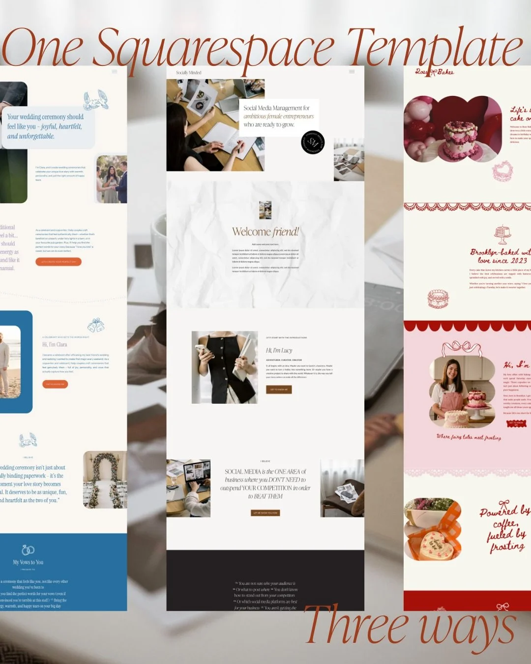 Proof that templates are chameleons 🦎

Same template. Three industries. Completely different vibes.

Meet the India Squarespace template, styled for:
🤎 A marketing agency (think: strategic, polished, trustworthy)
🧡 A wedding celebrant (think: emot