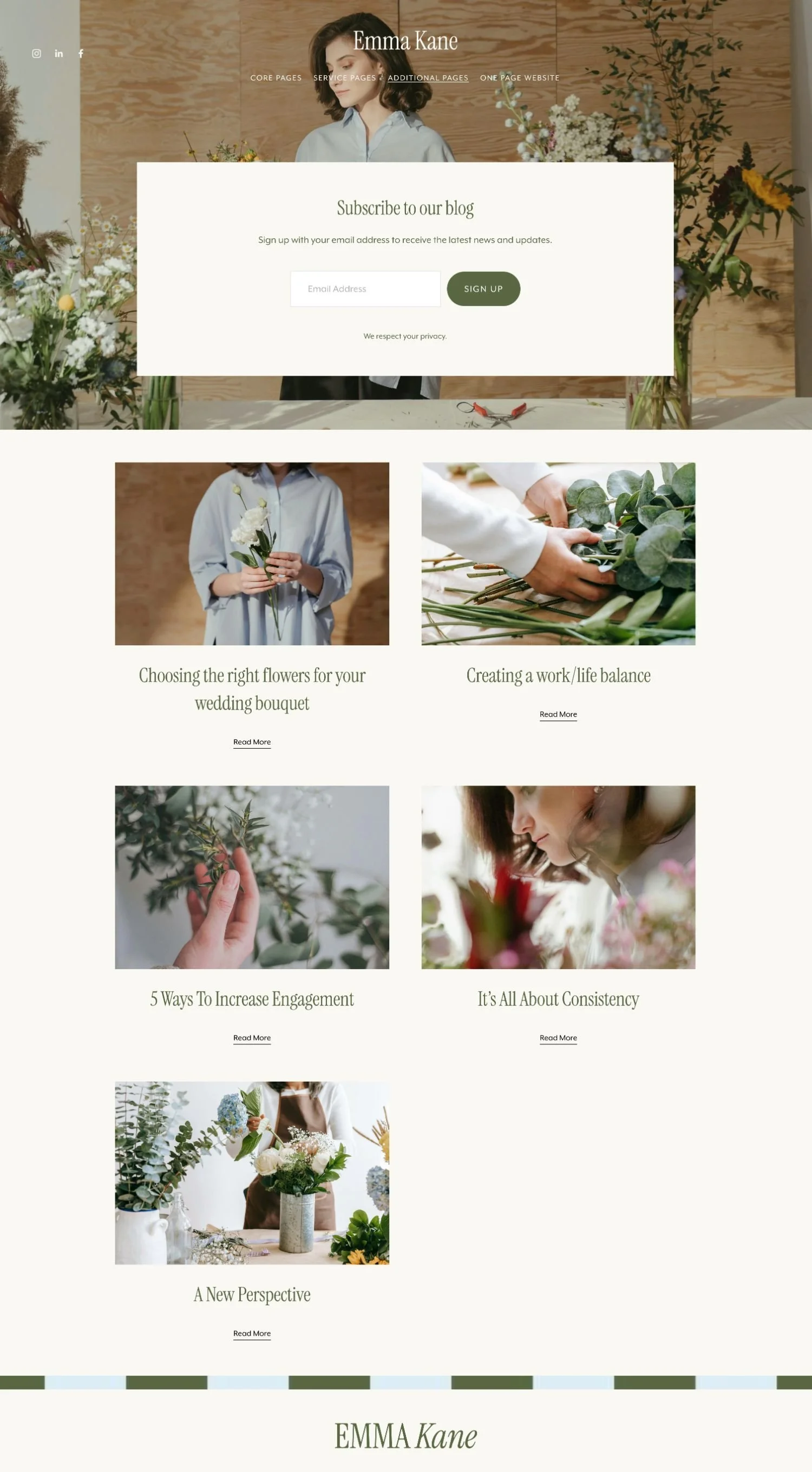 Screenshot of Emma Kane's floral and event planning website with a woman in a white shirt, sections about flower arrangements and work/life balance, and a subscribe form for blog updates.