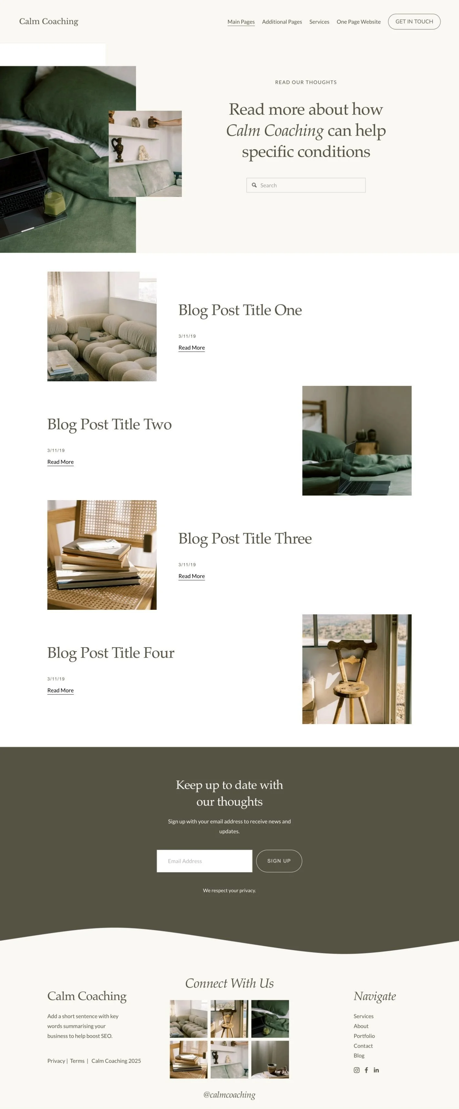 Screenshot of a website homepage for Calm Coaching, featuring blog posts, images of cozy home and workspace settings, and a sign-up section for updates.