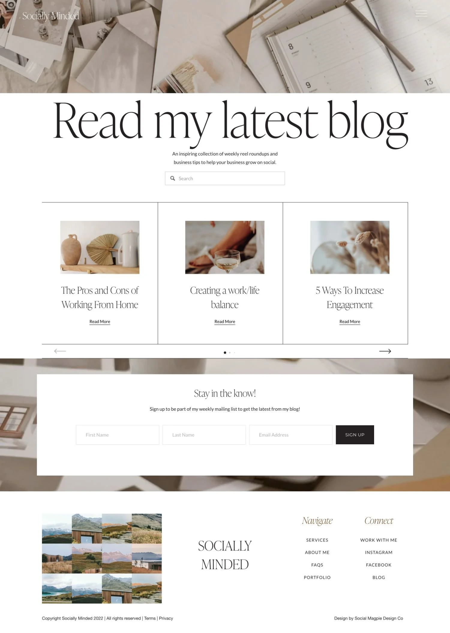 Screenshot of Emma Kane's floral and event planning website with a woman in a white shirt, sections about flower arrangements and work/life balance, and a subscribe form for blog updates.