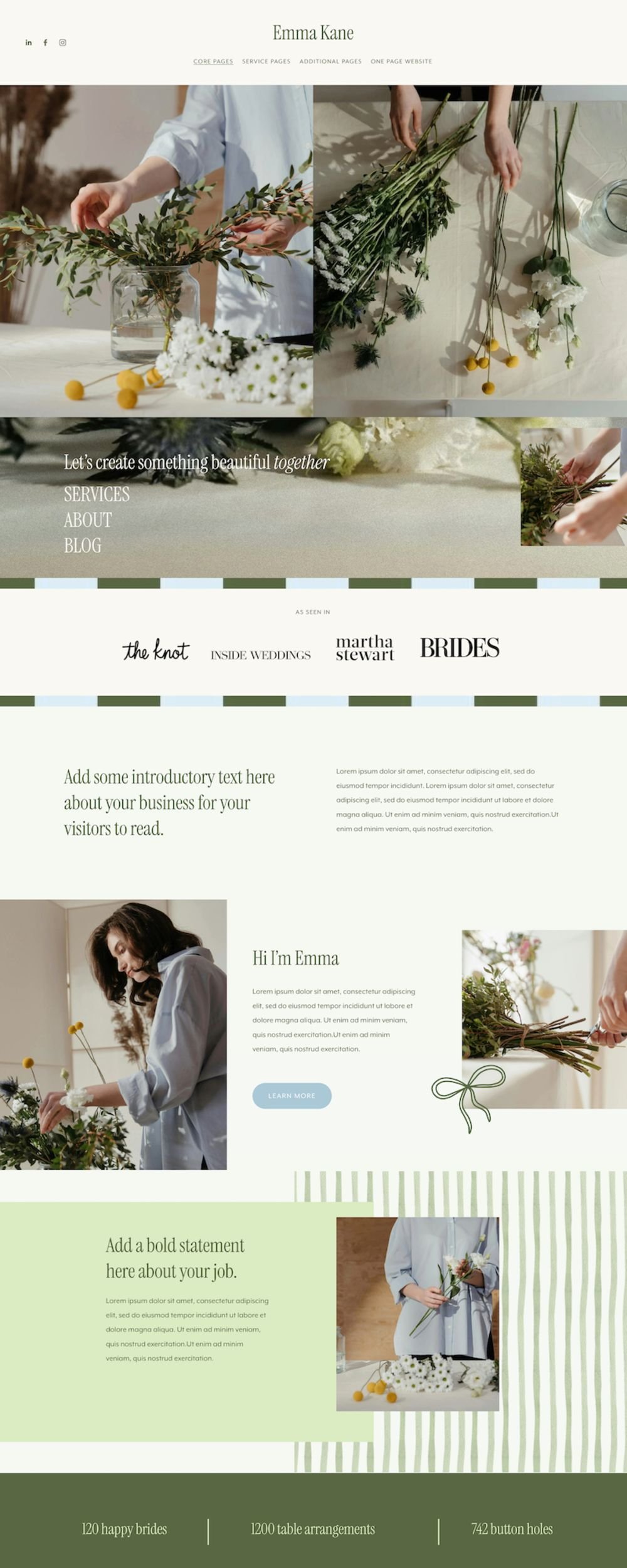 A webpage design for a florist business featuring images of flowers, people arranging flowers, and sections about the business, services, and testimonials, with a pastel color palette and floral decorative elements.