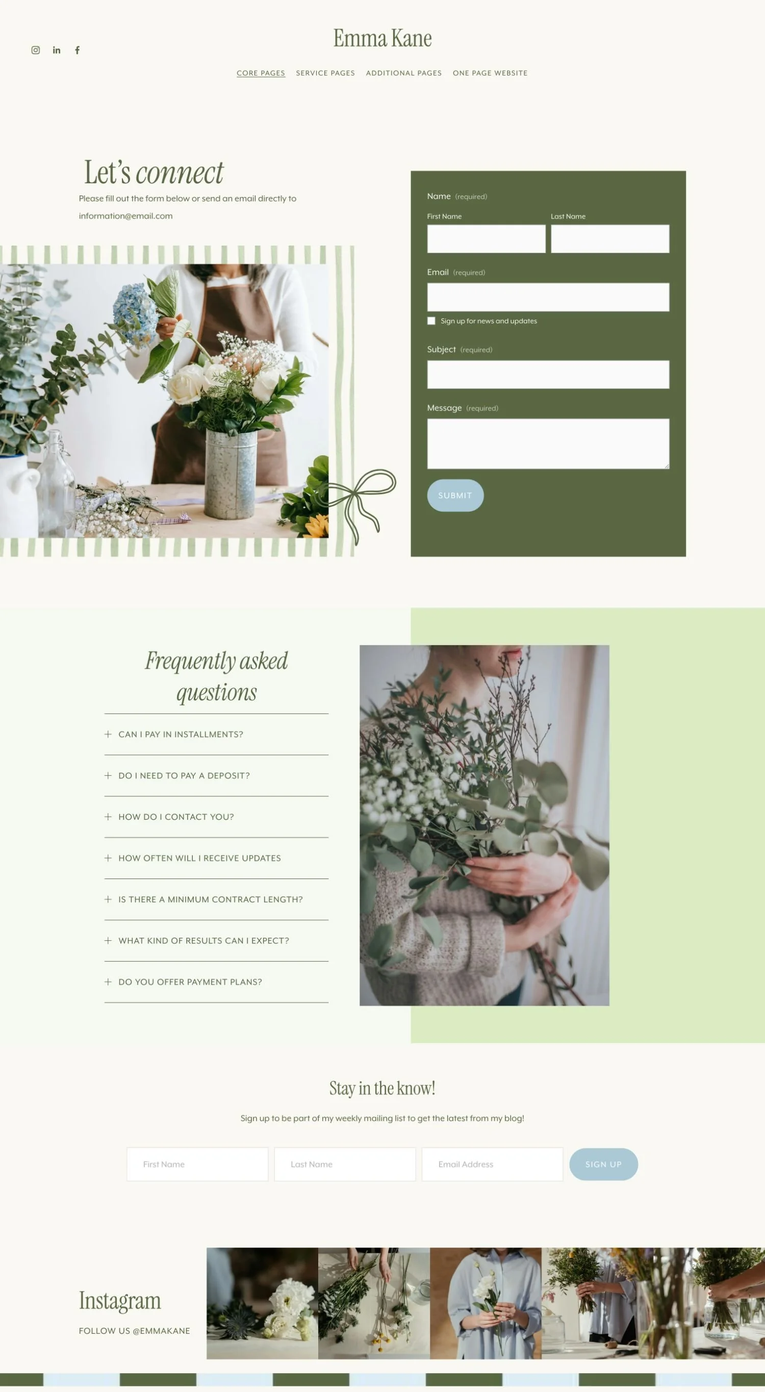 A website homepage for Emma Kane, a floral or event designer. Features include a contact form, an FAQ section about payment and service details, a newsletter sign-up, and a photo of a person holding a bouquet of flowers.