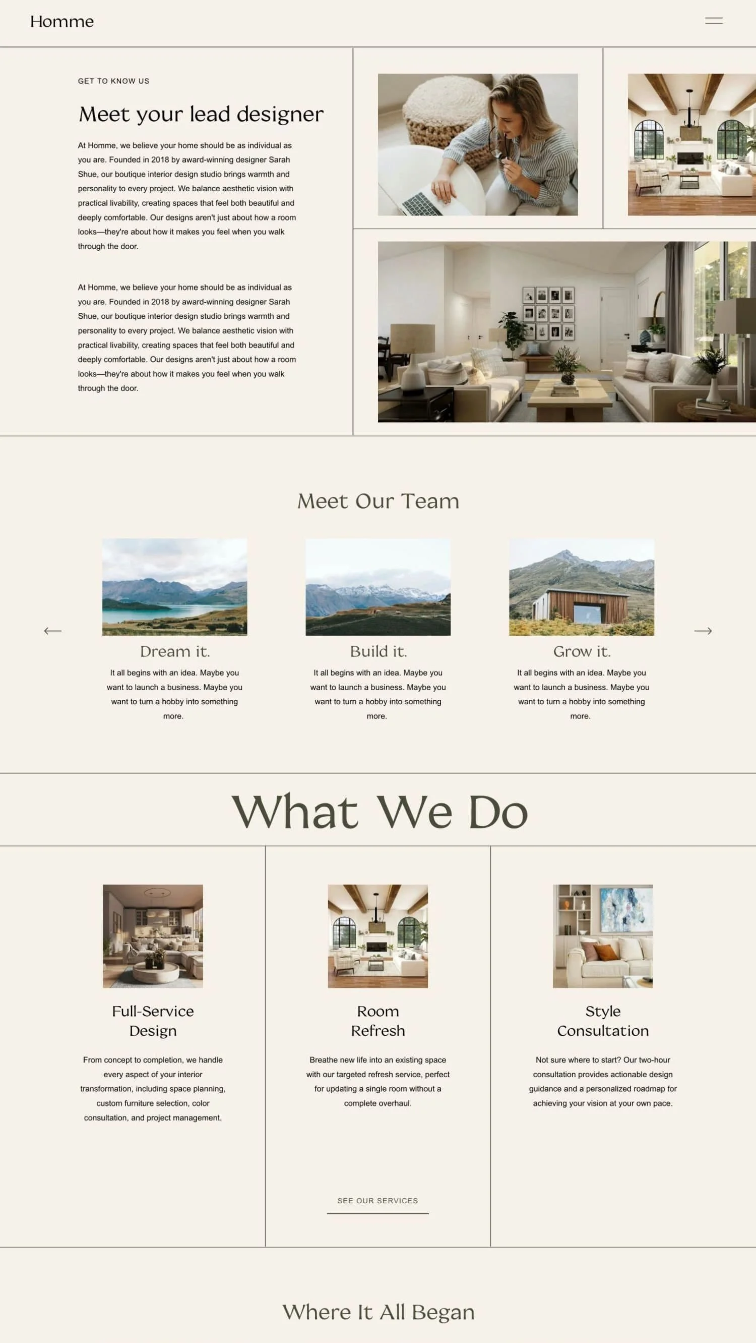A website homepage for an interior design company with sections about services, team, company history, project images, and contact info.
