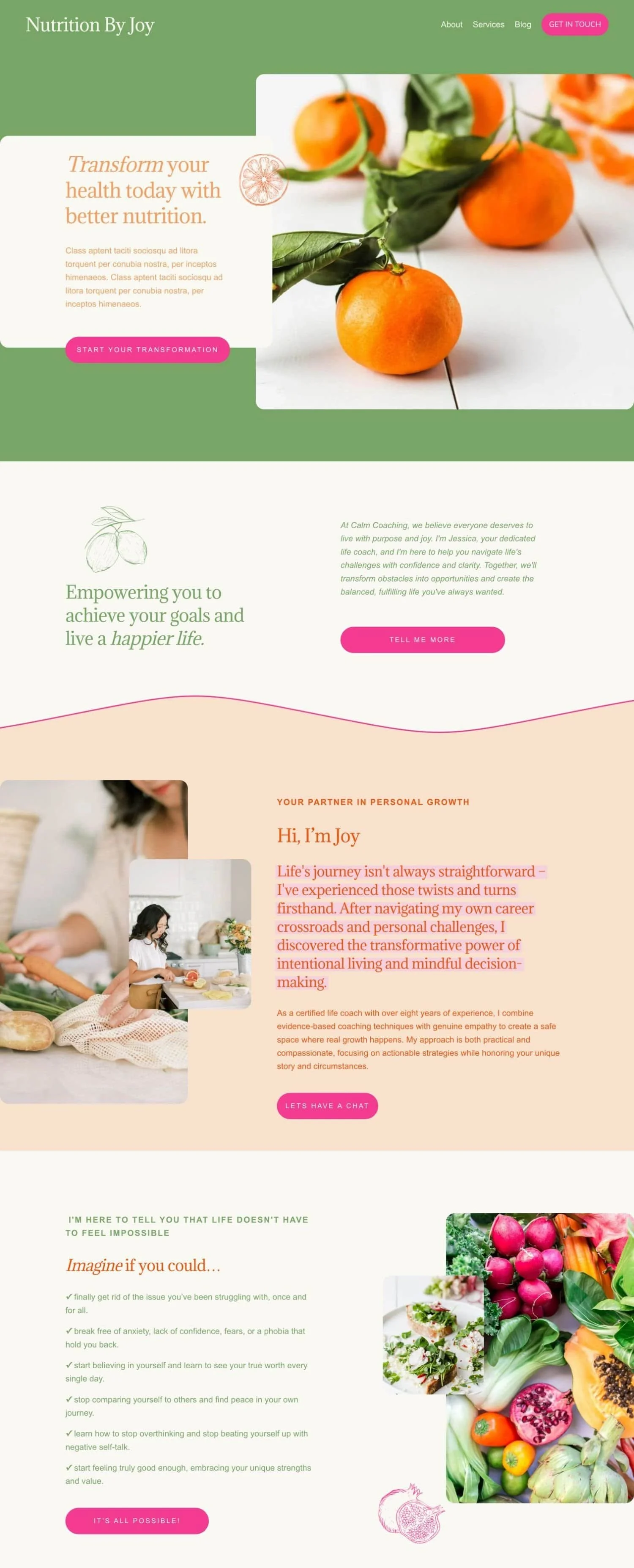 Webpage homepage for Nutrition By Joy featuring a close-up image of fresh oranges with leaves, green, pink, and beige color scheme, sections about health and coaching, and colorful fruits.