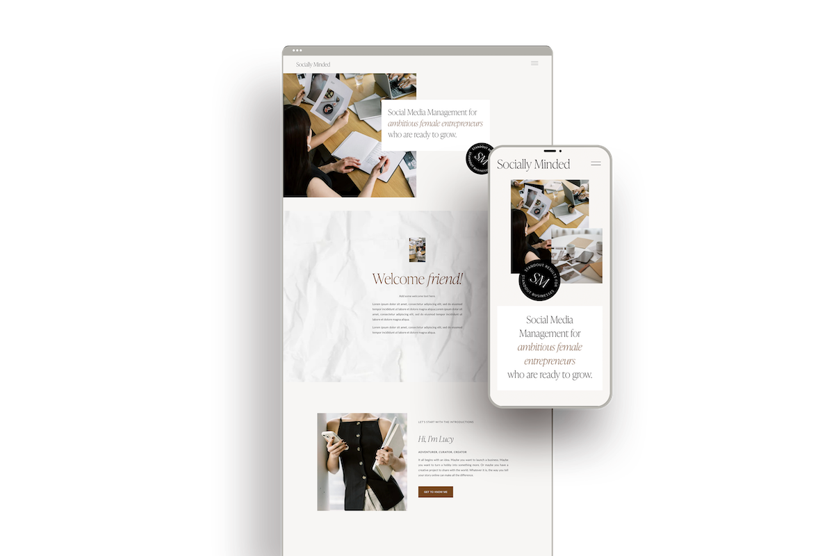 Website and mobile view of social media management service for female entrepreneurs, featuring images of women working on laptops and smartphones.