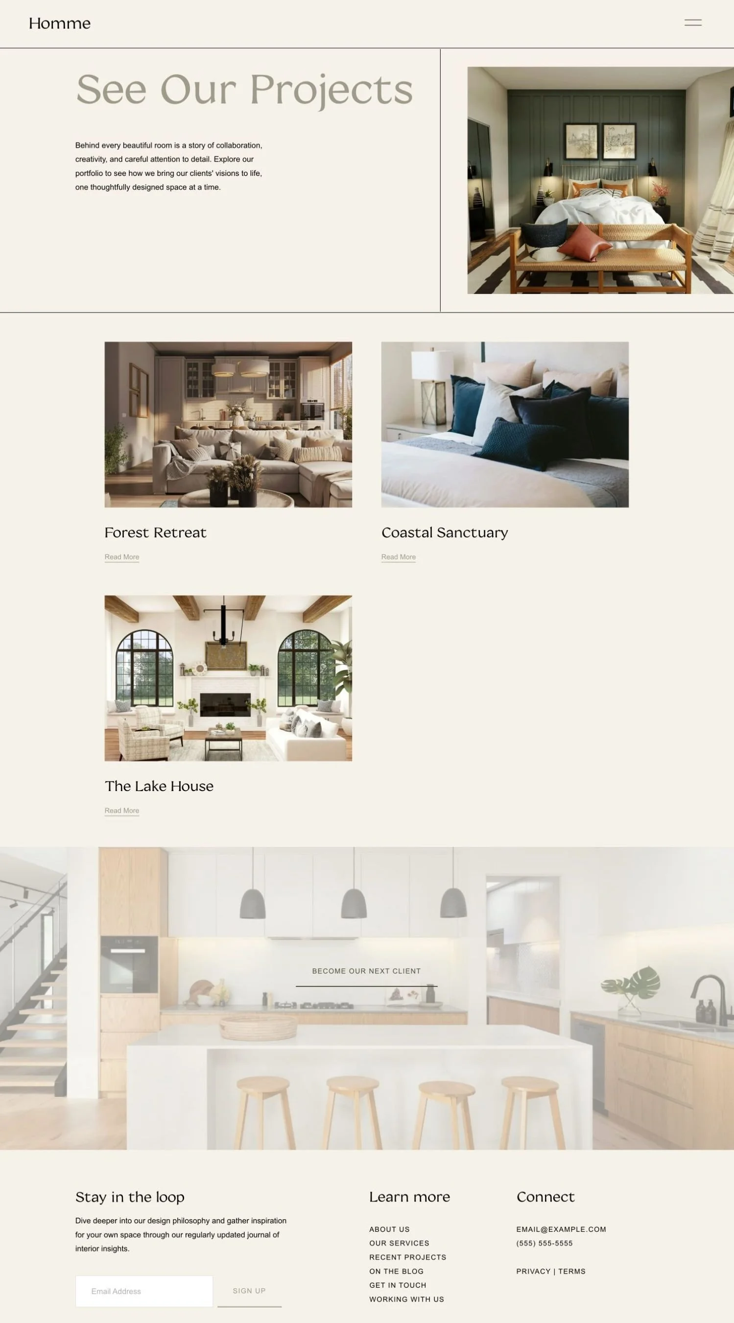 Webpage showcasing interior design projects with images of living rooms, bedrooms, and a kitchen, featuring modern, cozy, and elegant styles.