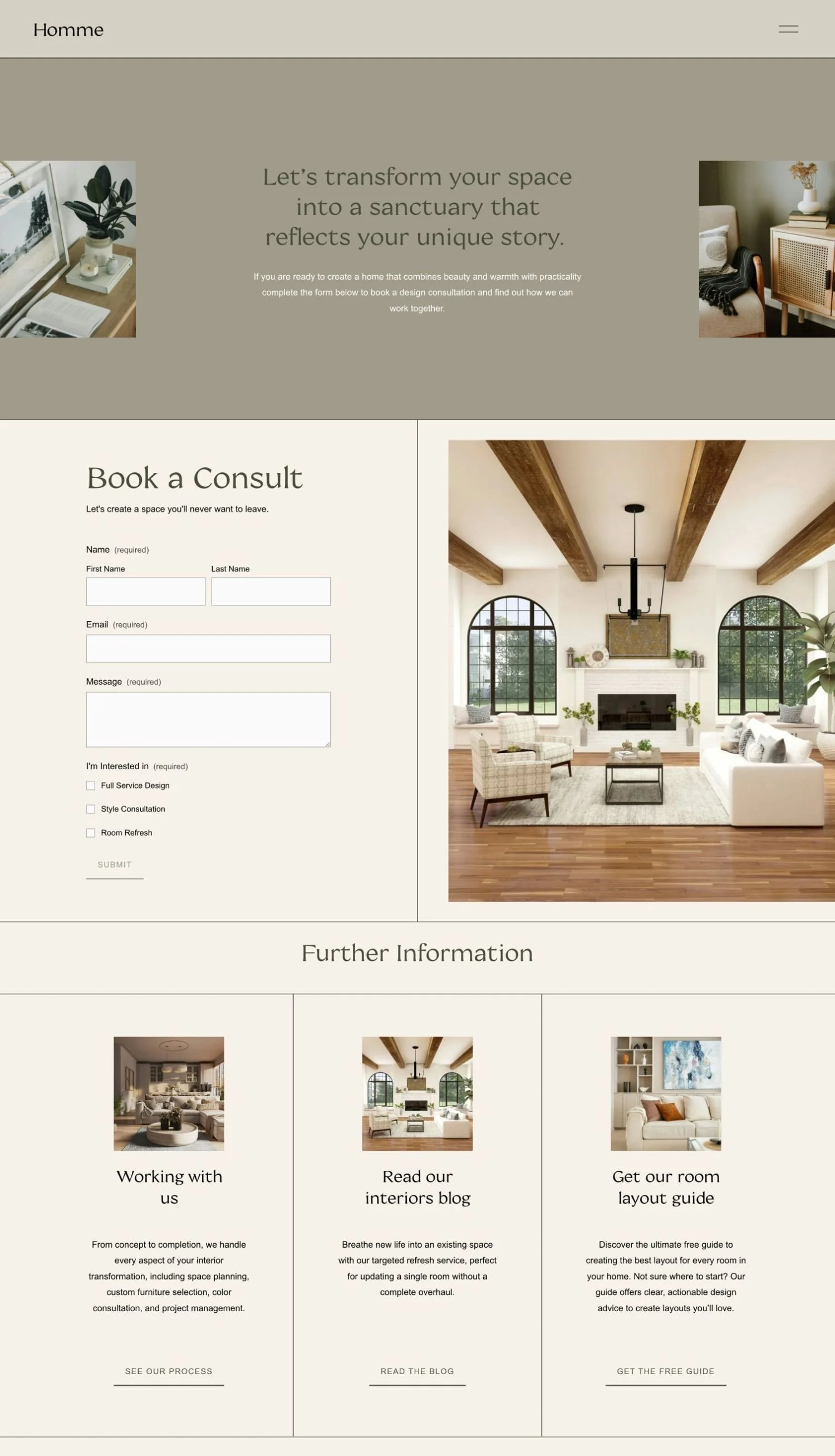 A website homepage for an interior design service, featuring a header with the name 'Homme', a welcoming message about transforming spaces into sanctuaries, a 'Book a Consult' form, sections about their process and blog, client testimonials with images of living rooms, and a footer with contact info and newsletter sign-up.