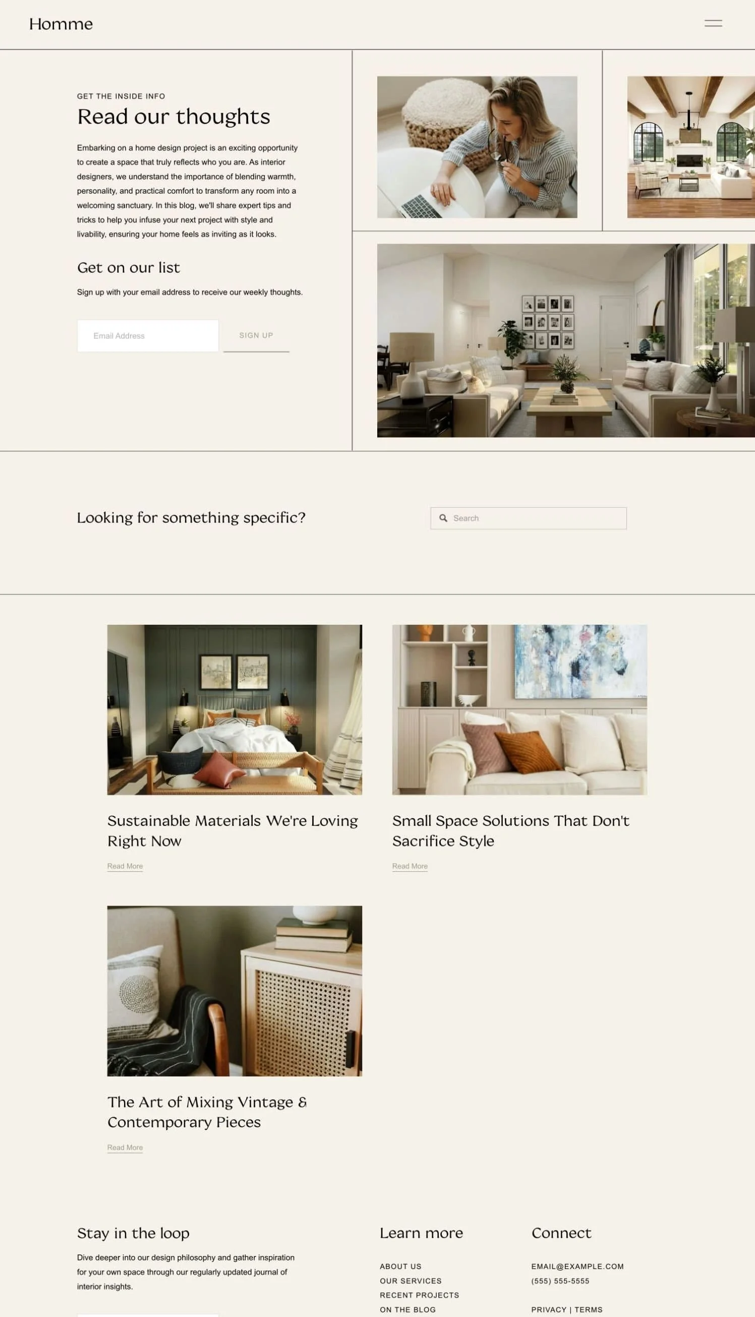 A home interior design webpage featuring images of modern living spaces, a woman working on a laptop, and blog articles about interior decor.