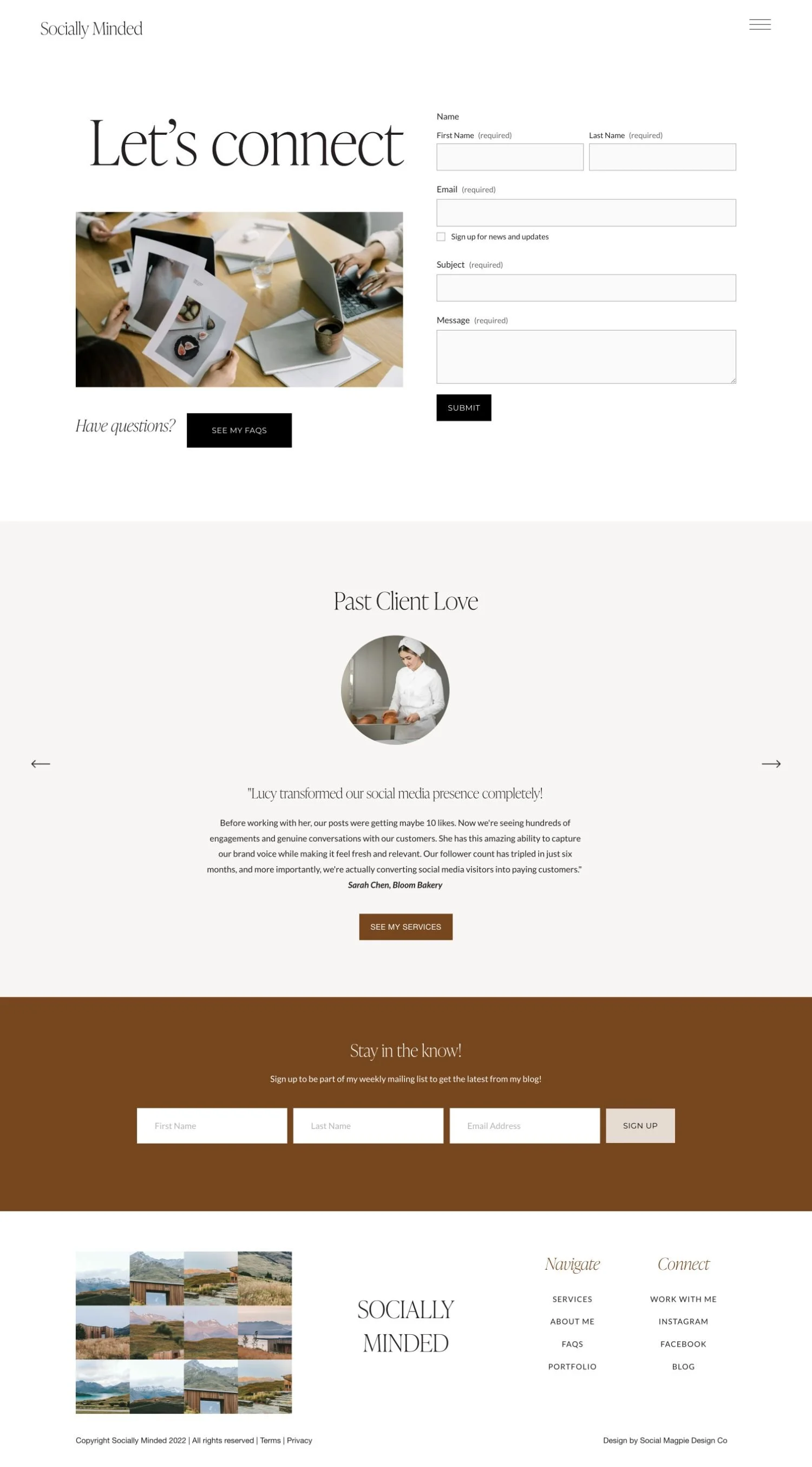 A website homepage for Emma Kane, a floral or event designer. Features include a contact form, an FAQ section about payment and service details, a newsletter sign-up, and a photo of a person holding a bouquet of flowers.