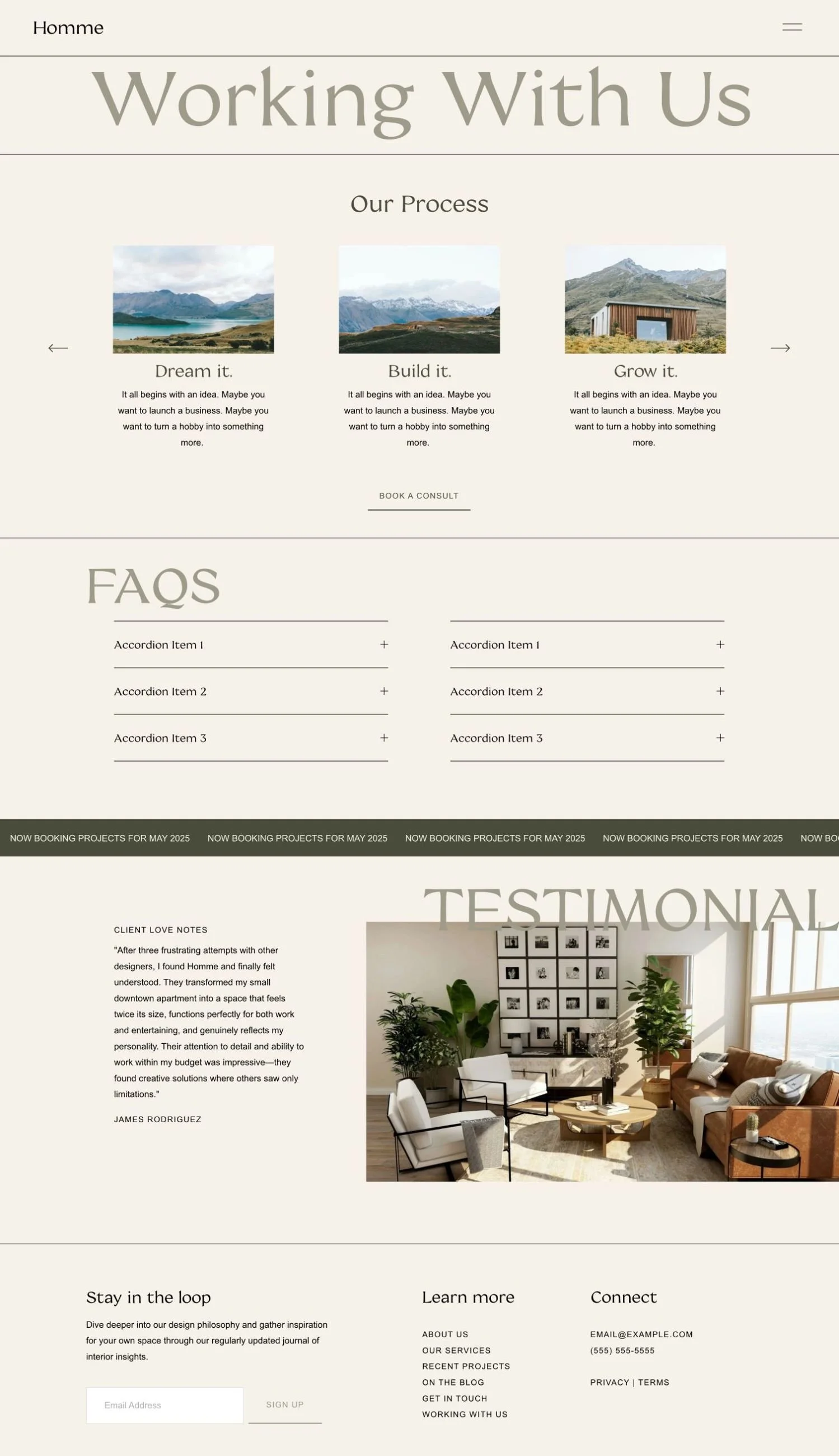 Design of a home improvement website featuring sections on process steps, FAQs, testimonials, and contact info, with images of nature and interior spaces.