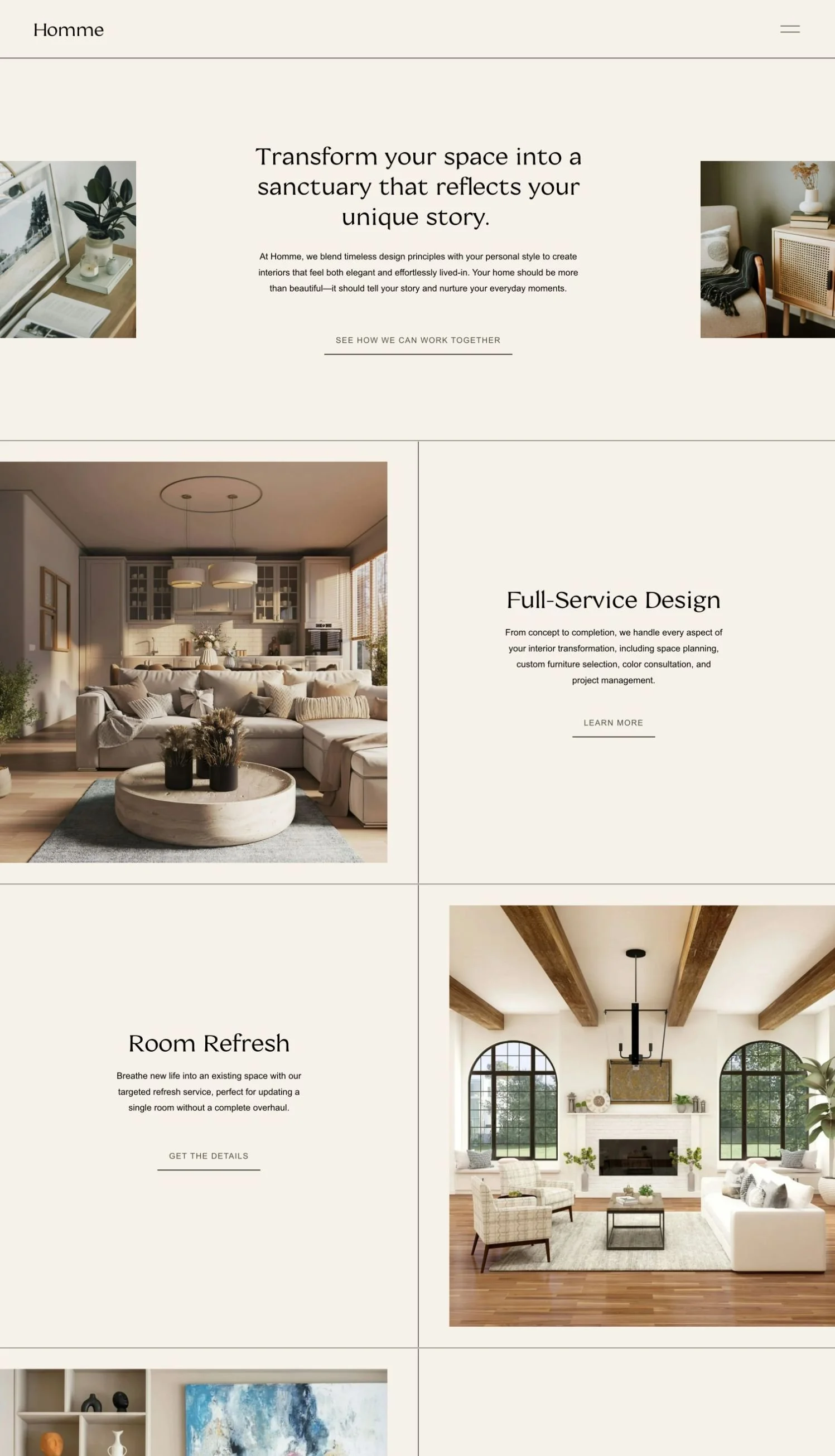 Interior design webpage showing home interior and renovation services, including full-service design, room refresh, style consultation, recent projects, and client testimonials.