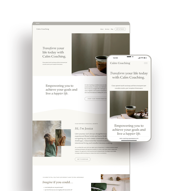 Website homepage for Calm Coaching on a desktop and mobile device, featuring a calming coffee cup and a woman with curly hair, promoting life transformation and personal growth.