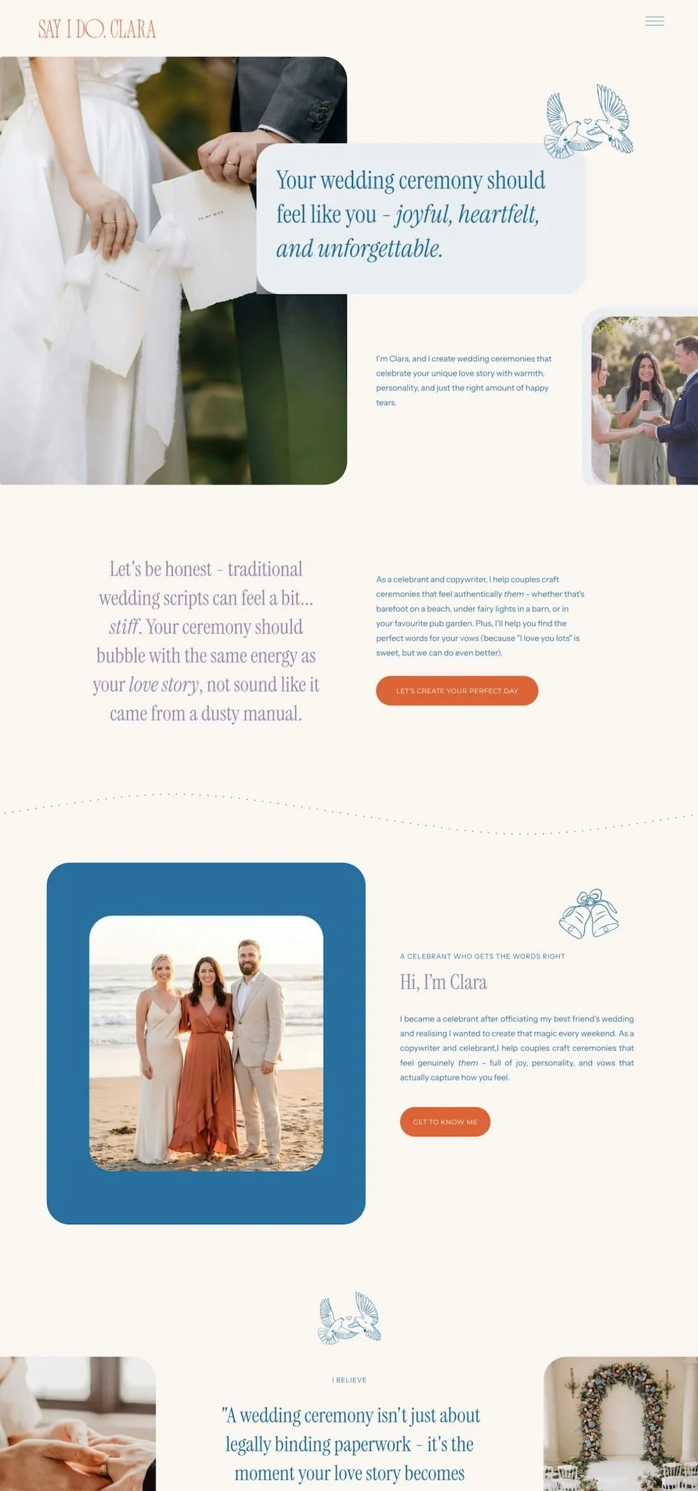Wedding website homepage featuring a couple exchanging vows, a bride dressed in white, and a groom in a dark suit, with text about creating joyful, heartfelt wedding ceremonies.