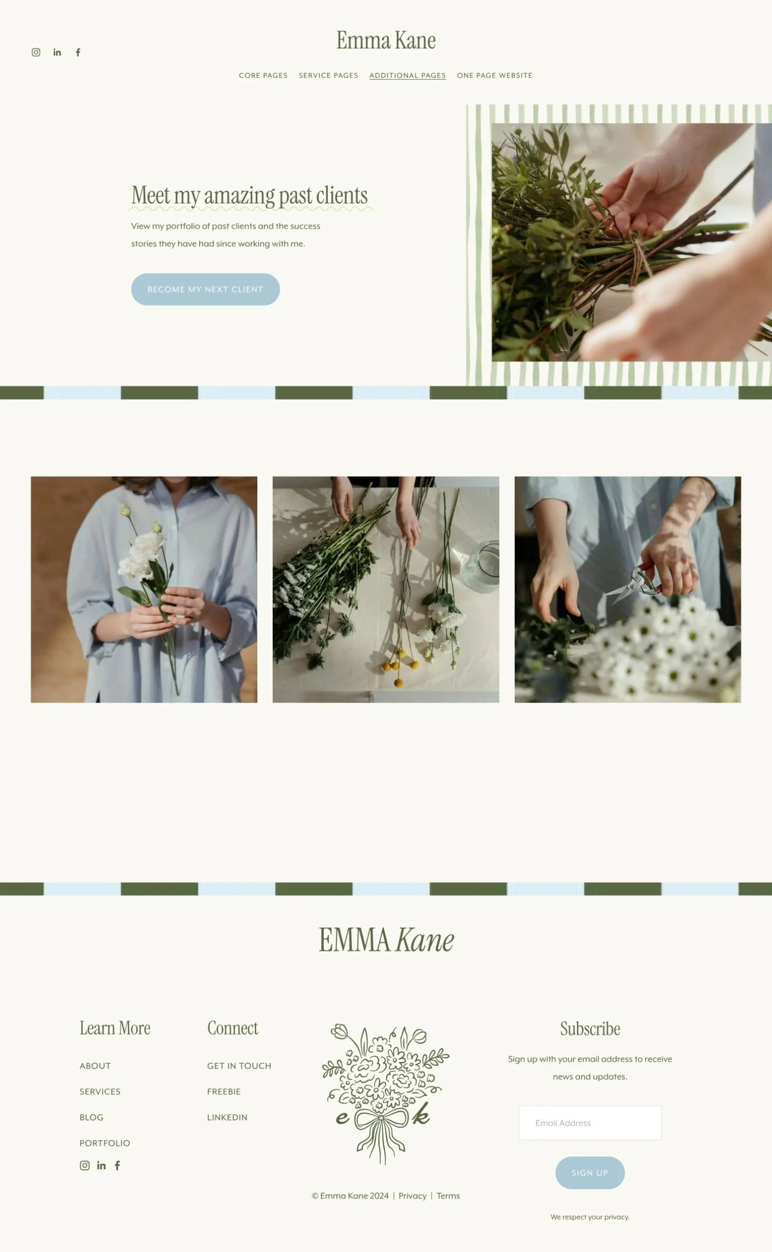 Webpage homepage of Emma Kane, floral designer, showing images of hands arranging flowers and bouquets, with navigation links and subscription form.