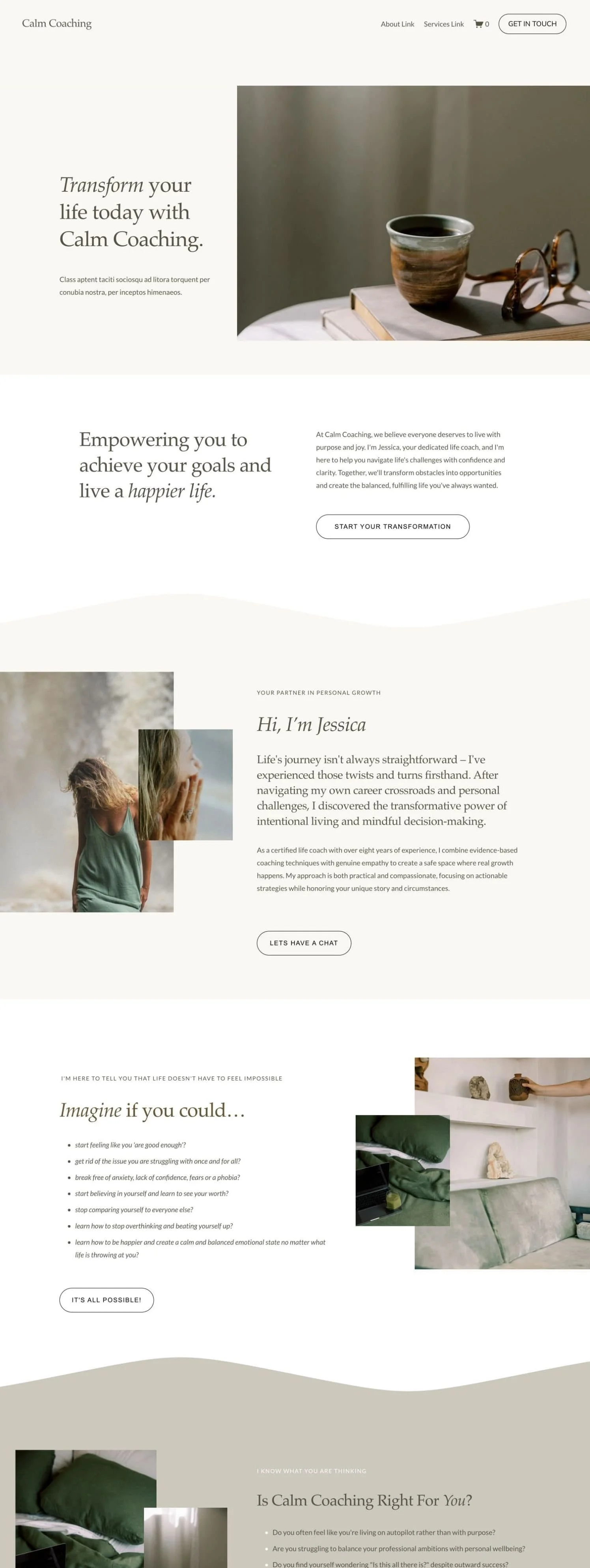 Webpage for Calm Coaching featuring text about life transformation and personal growth, a photo of a woman with curly hair looking thoughtfully at a natural landscape, and images of a green pillow and home decor items.