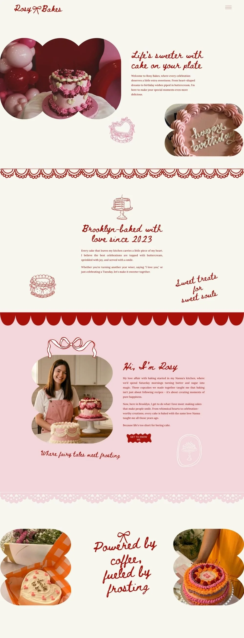 A webpage with pink, white, and red heart-themed cake images. Includes photos of decorated cakes, a woman smiling with cakes, and cupcake illustrations. Text mentions Rosy Bakes, love for baking, and celebrating birthdays with cakes.