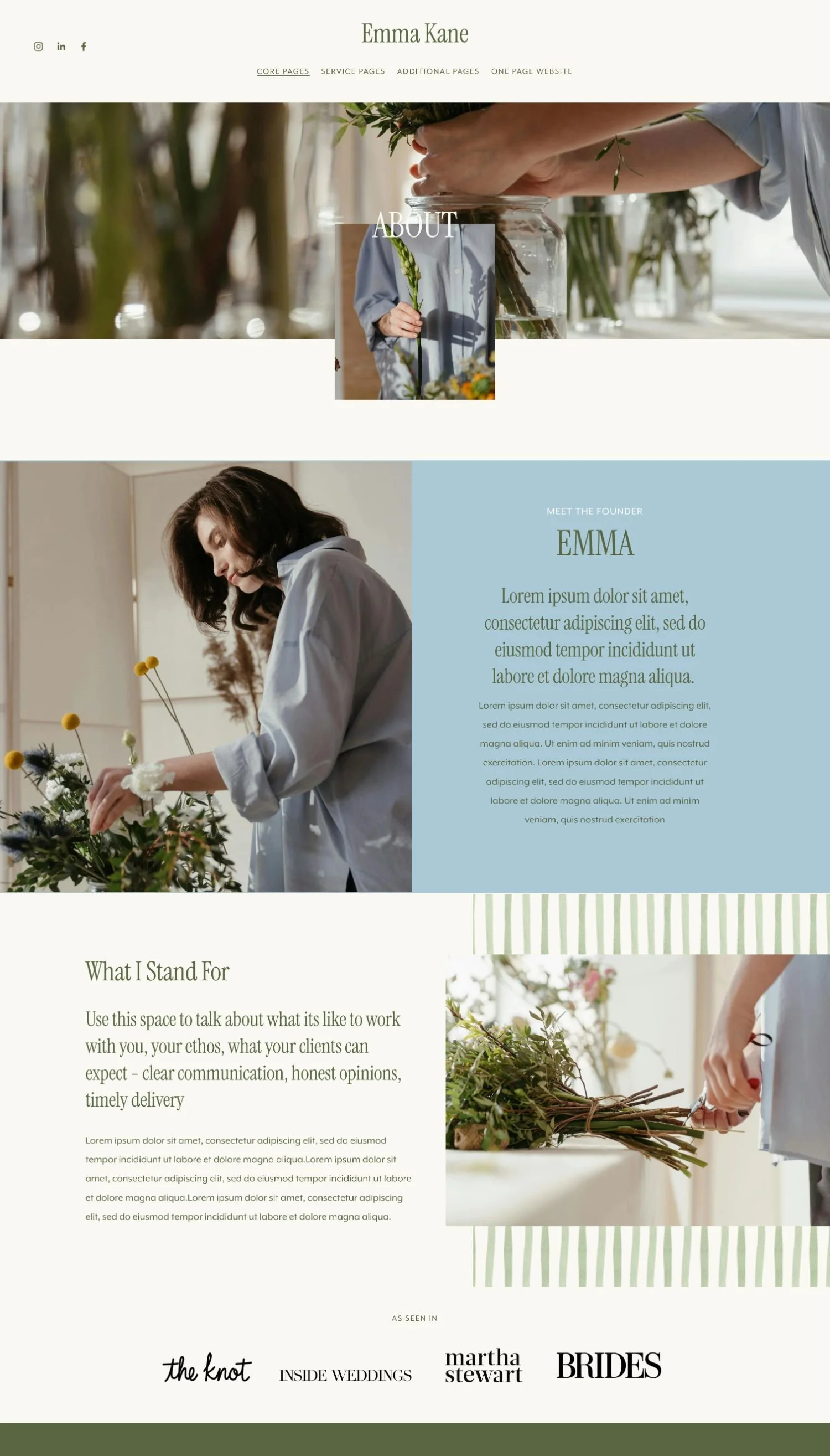 A website layout for Emma Kane, a floral designer, featuring images of flowers and people arranging flowers, with sections about her services, recent client work, and contact information.