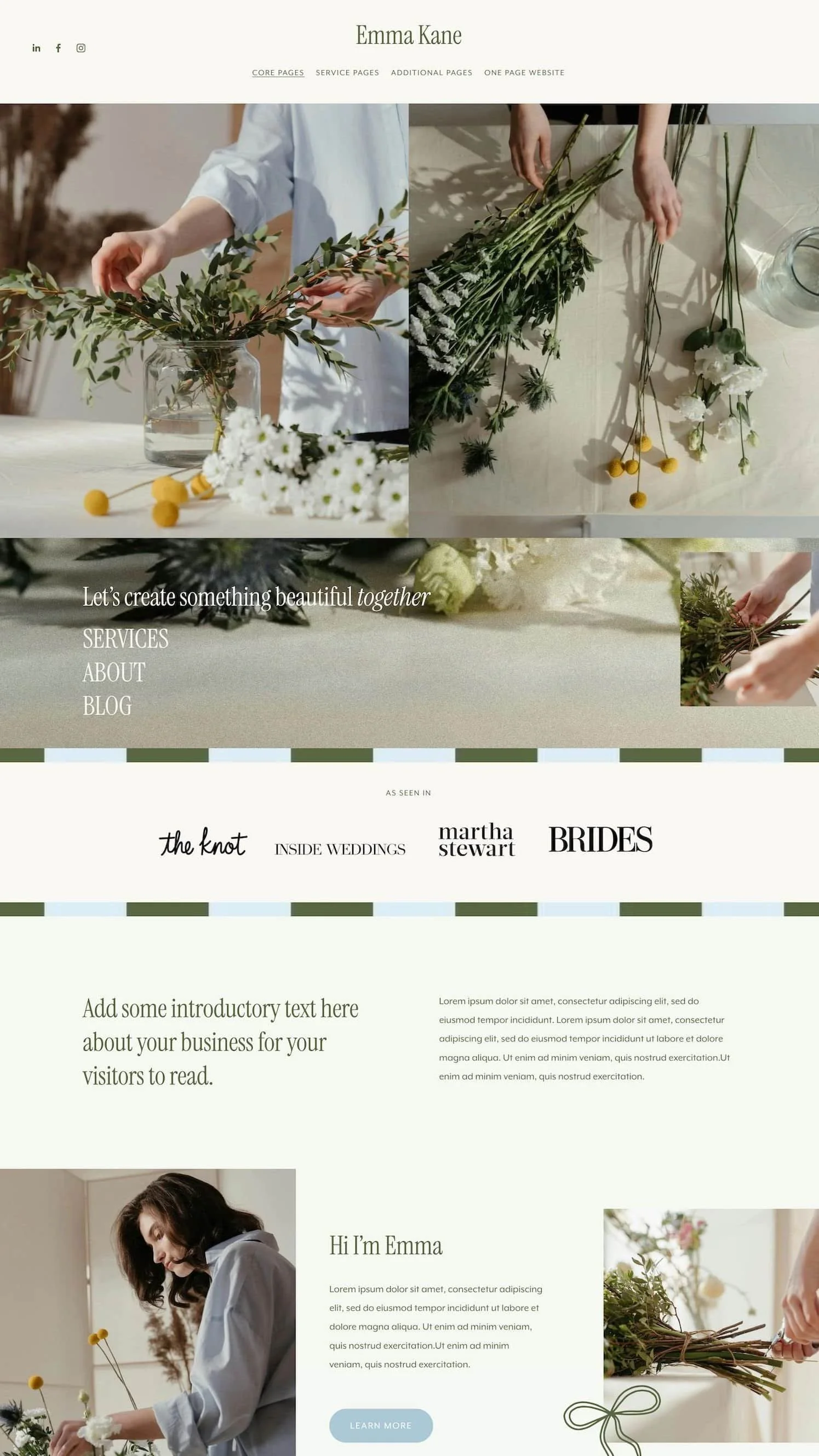 A website layout for a floral or event business featuring floral arrangements, hands crafting flowers, and elegant design elements with a soft green, white, and blue color palette.